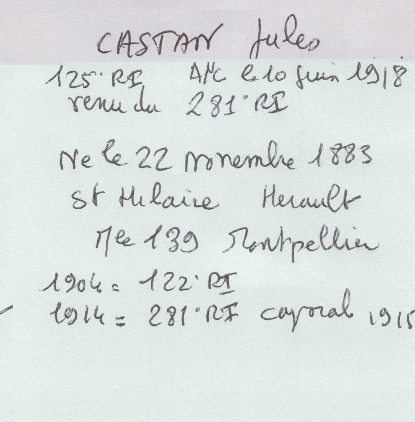 carte avis de décès soldat du 125°RI tué sur la Somme en aout 18, originaire de l'Hérault