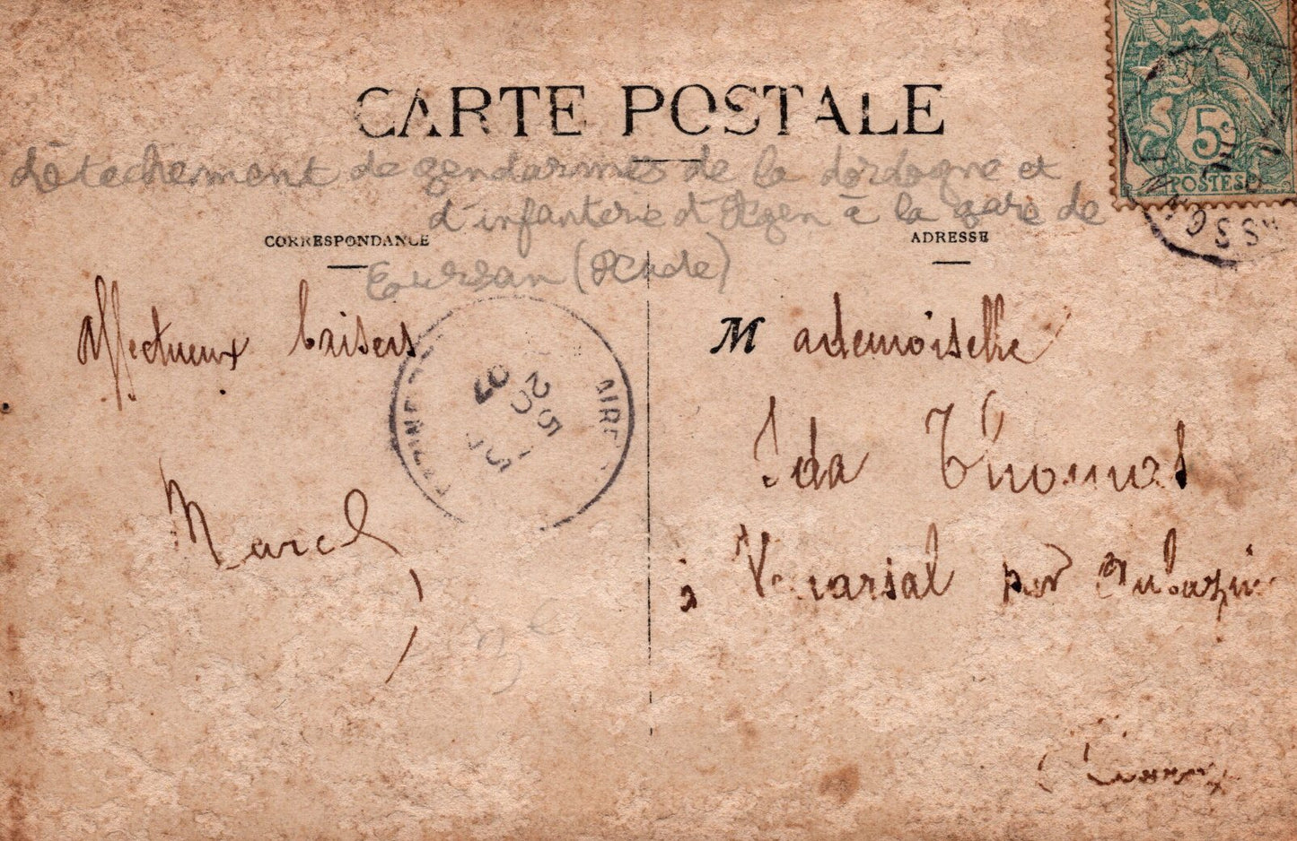 carte photo poilus d'Agen et gendarmes de Dordogne à la gare de Coursan Aude 1907 révolte des vignerons