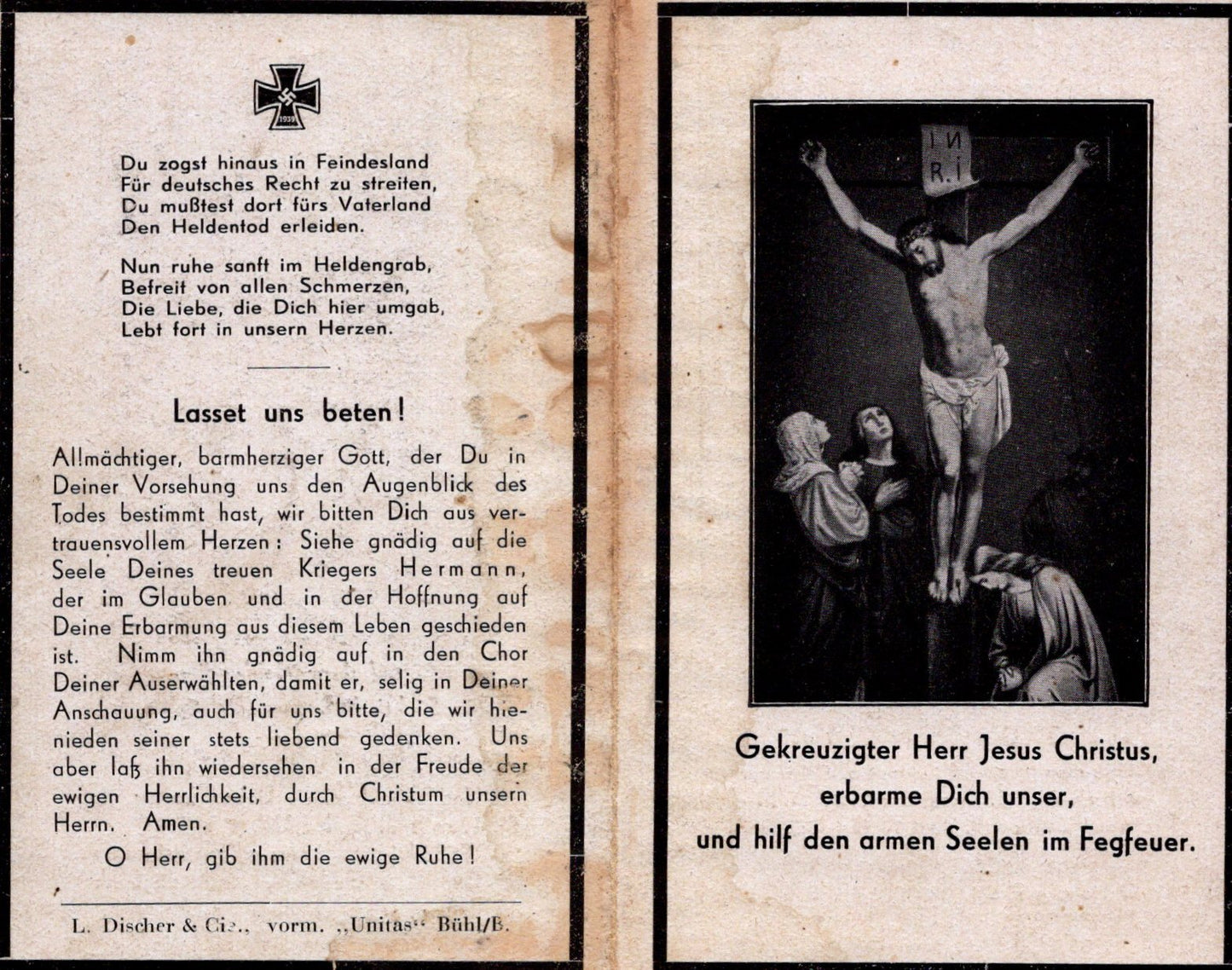 carte avis de décès soldat allemand d'infanterie originaire de Moos tombé en 1944 Russie
