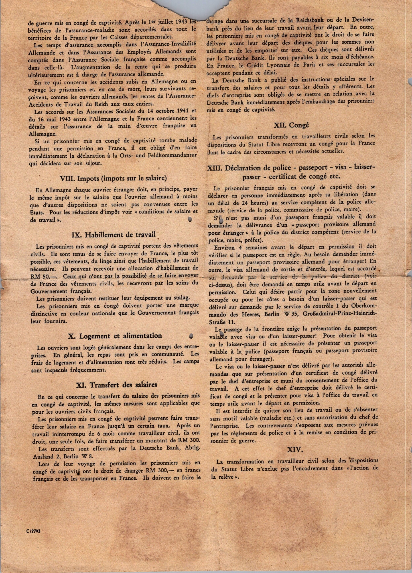 instruction pour les prisonniers de guerre mis en congé de captivité 1939-45
