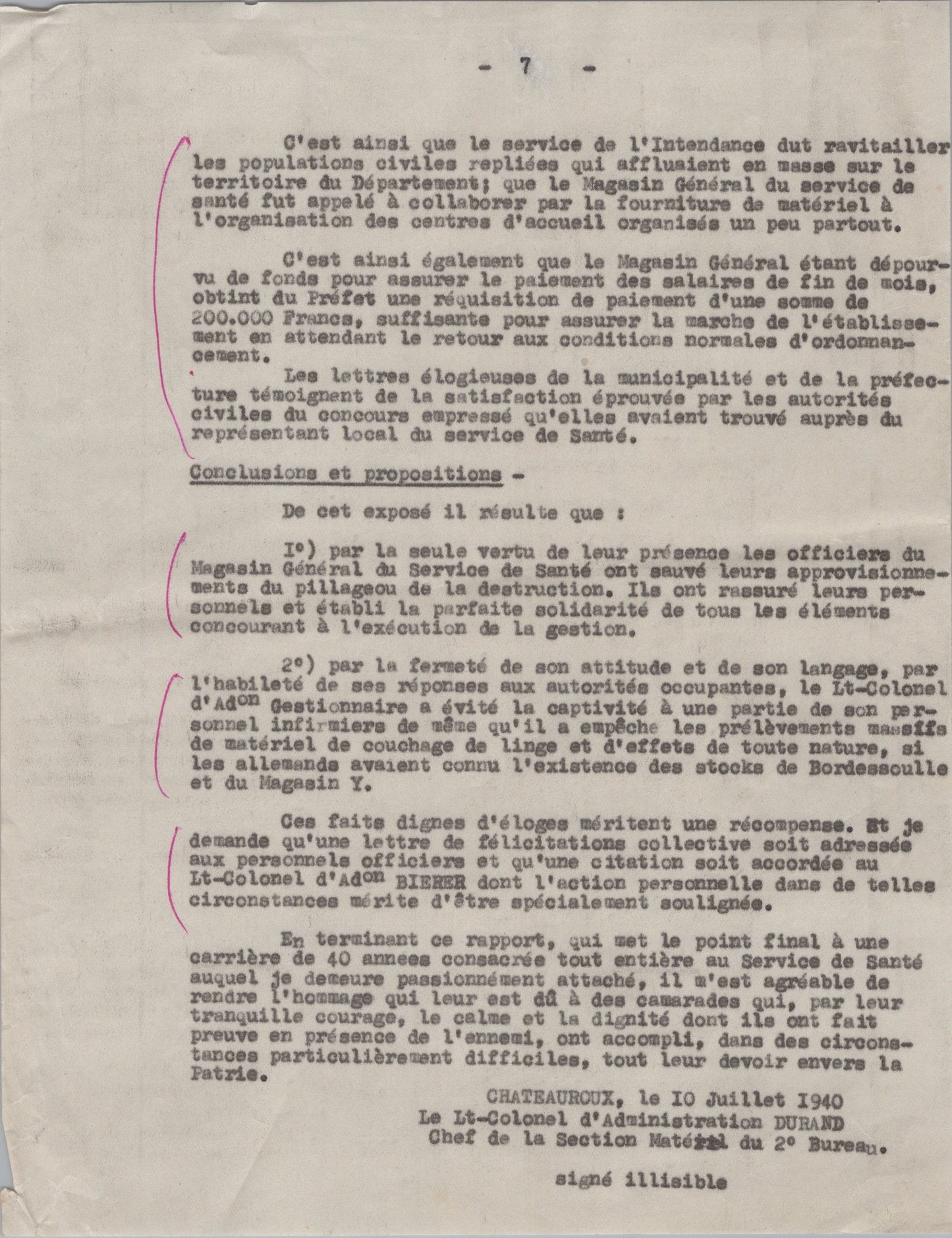 rapport sur l'activité du magasin général service de santé de Châteauroux 1939-45 7 pages