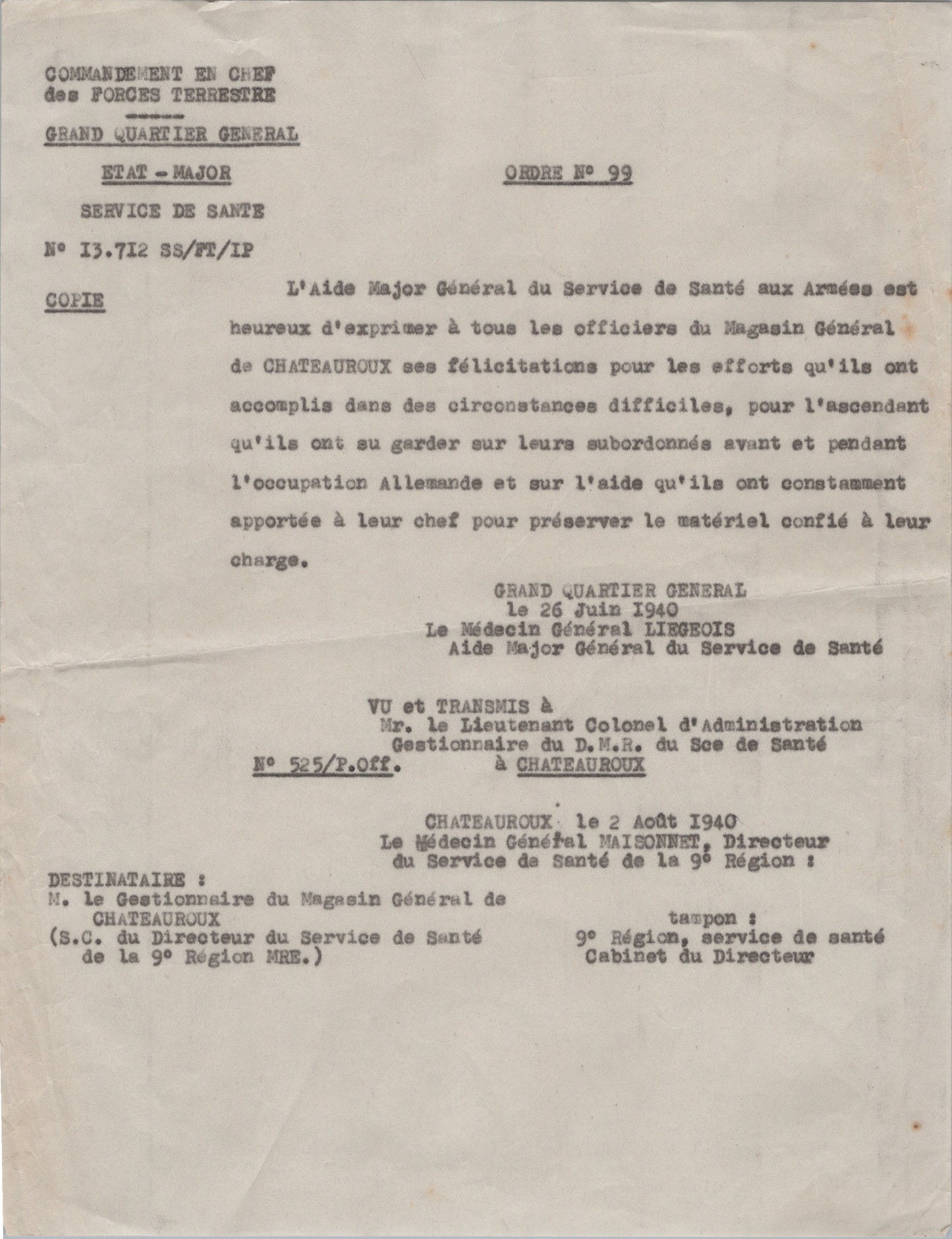 ordre félicitations magasin général service de santé de Châteauroux campagne 1939-40