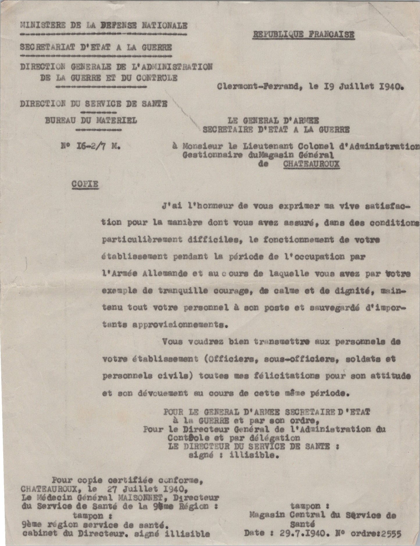 lettre de remerciements magasin général service de santé de Châteauroux campagne 1939-40
