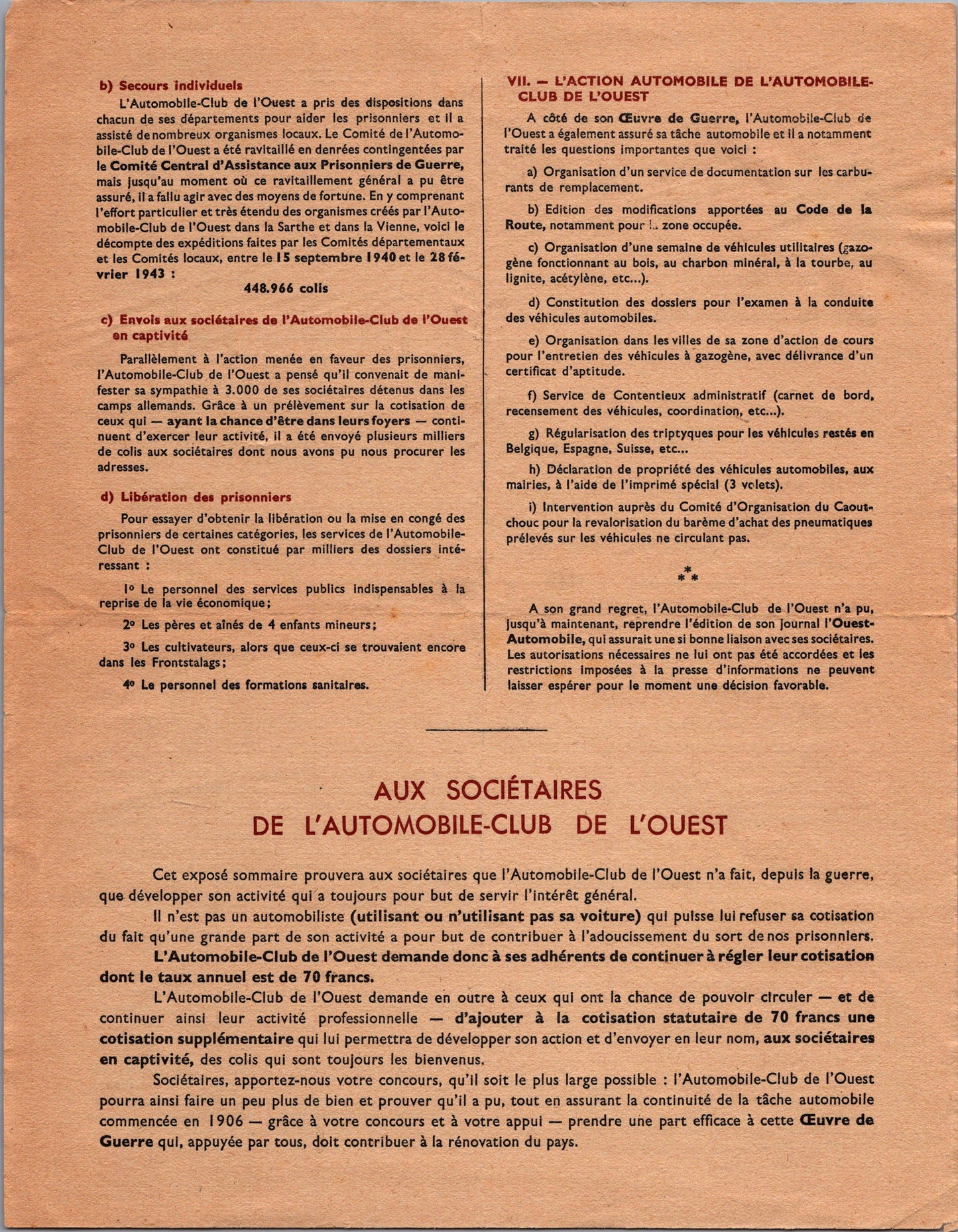 document oeuvre de guerre 1939-43 automobile club de l'ouest