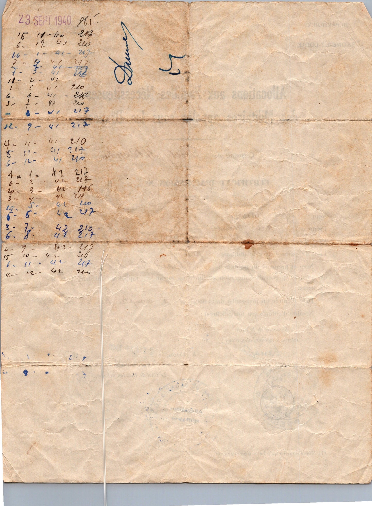 document d'allocation pour les familles de militaires sous les drapeaux 1939-40