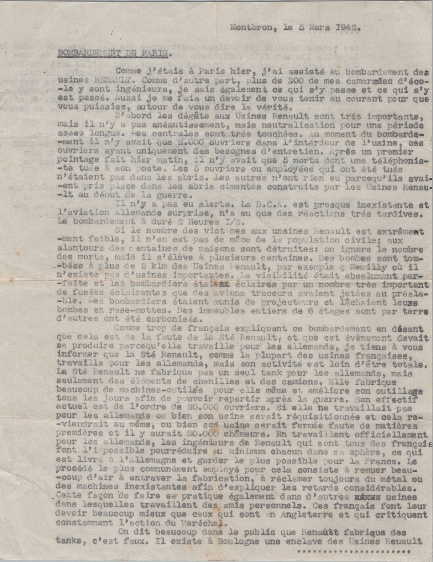 témoignage tapuscrit sur un bombardement aérien de Paris mars 1942, 2 pages