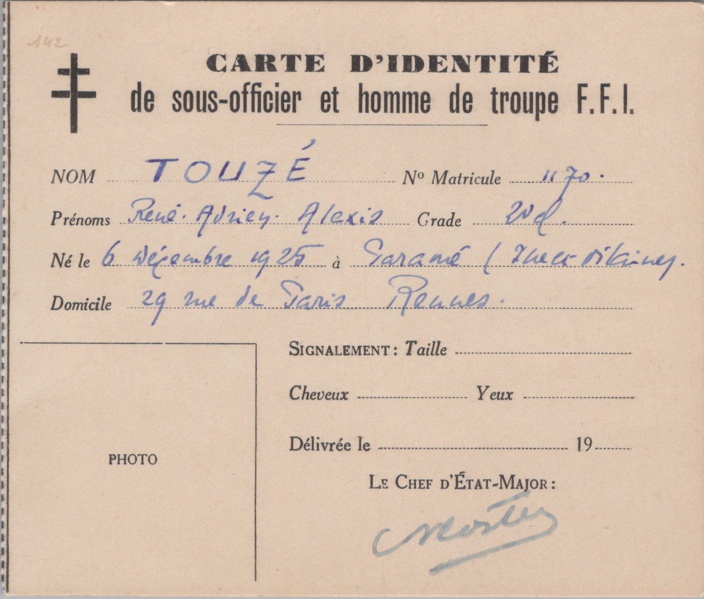 carte d'identité de sous-officier ou homme de troupe FFI, résistance de Bretagne, Rennes 1
