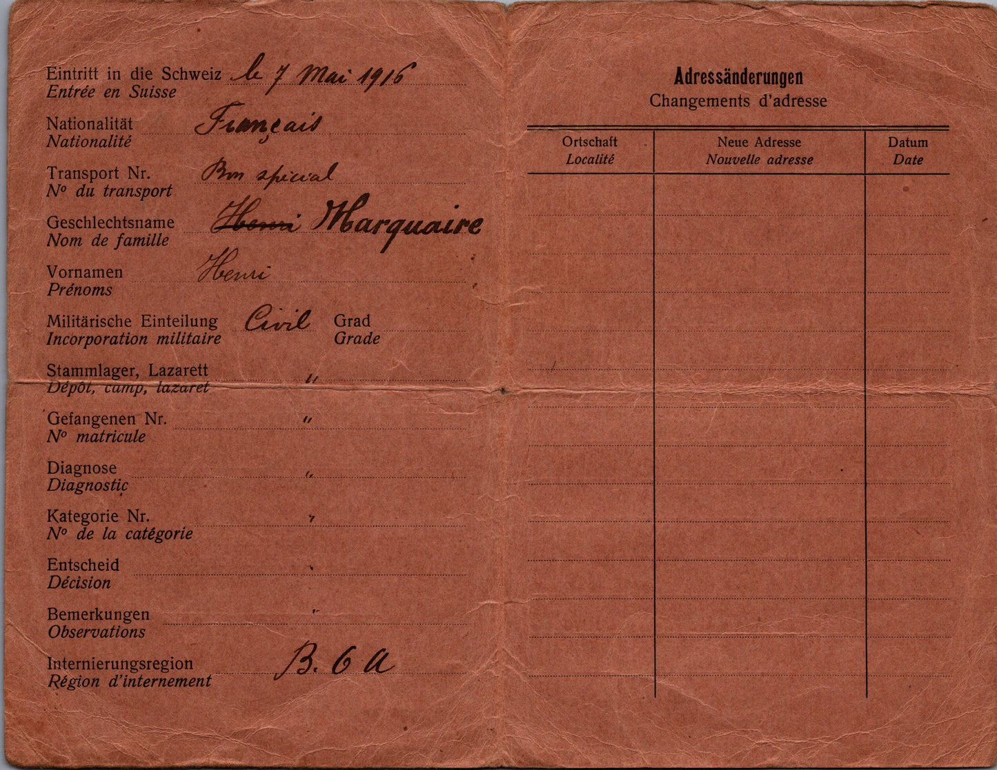 carte de contrôle pour un prisonnier civil Français originaire des Vosges en Suisse 1916