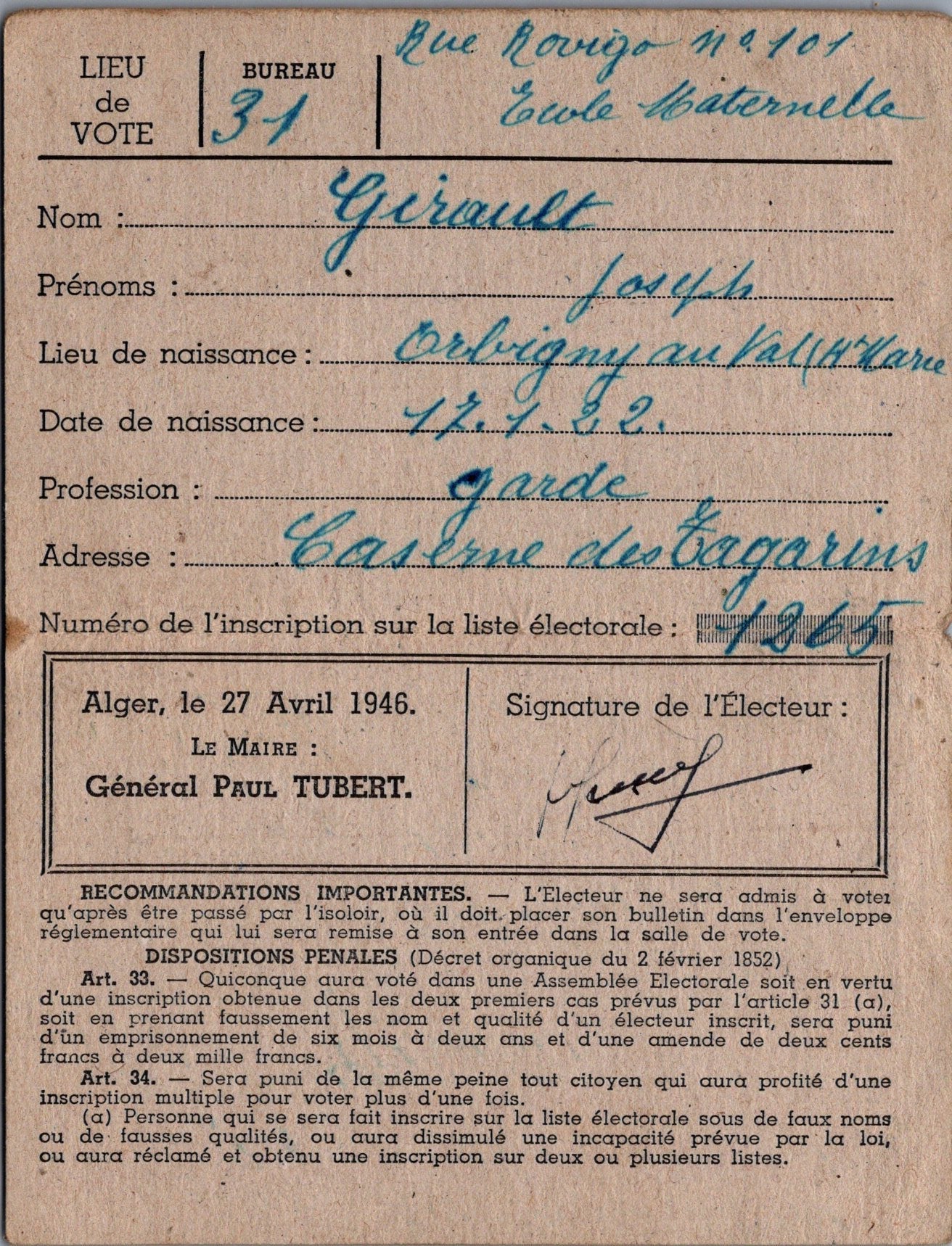 carte d'électeur département d'Alger 1946 pour un gendarme
