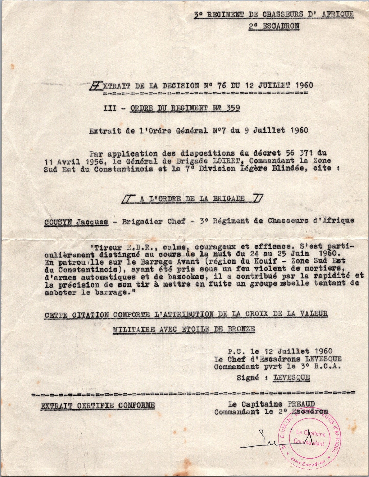 citation ordre de la brigade, croix de la valeur militaire, brigadier chef du 3° chasseurs d'Afrique 1960