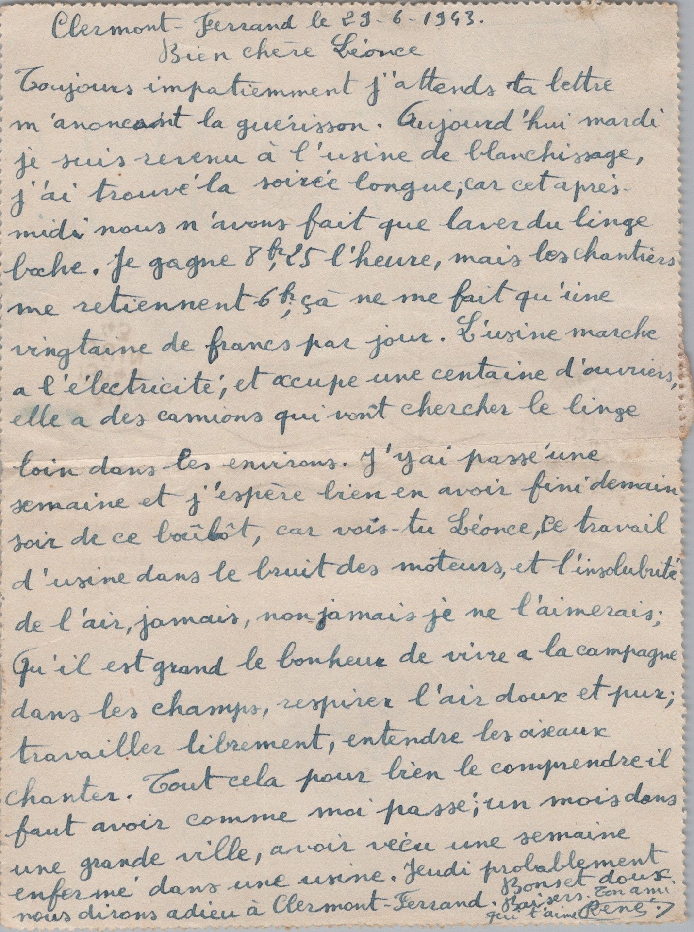 courrier d'un jeune de la garde d'honneur des chantiers de jeunesse, Clermont Ferrand 1943