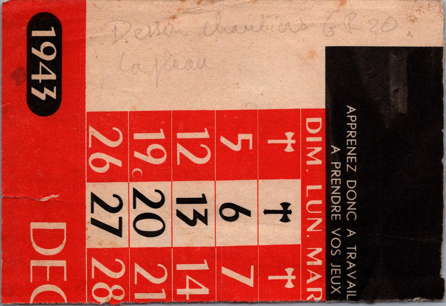 dessin d'un jeune des chantiers de jeunesse sur son bureau dessiné sur calendrier 1943