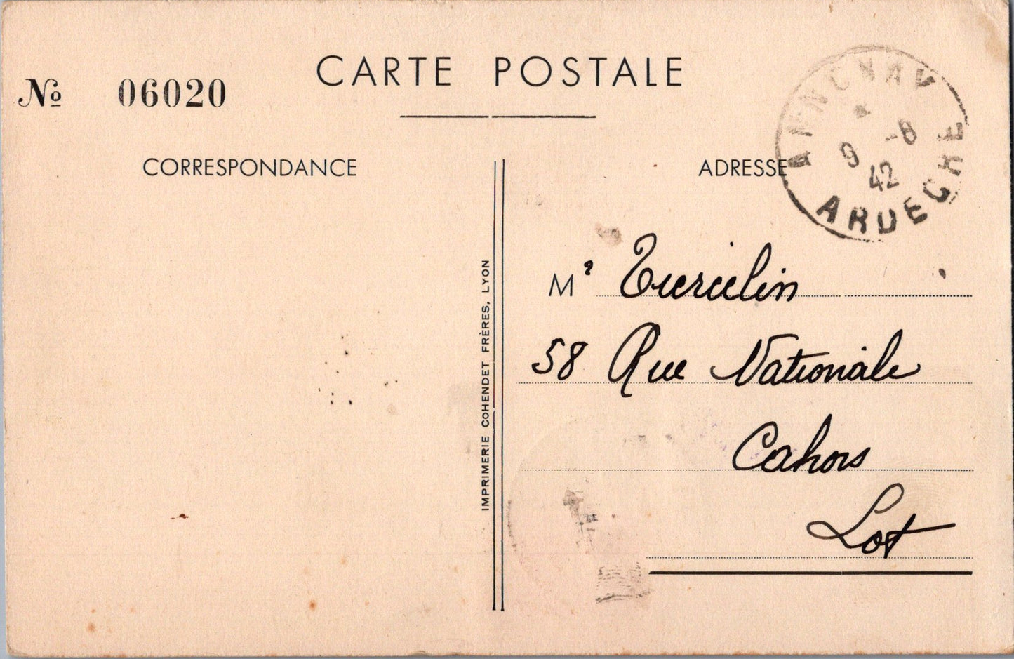 carte postale championnat d'athlétisme armée de l'air Lyon 1942, timbre avec insigne de l'escadrille GC1/4