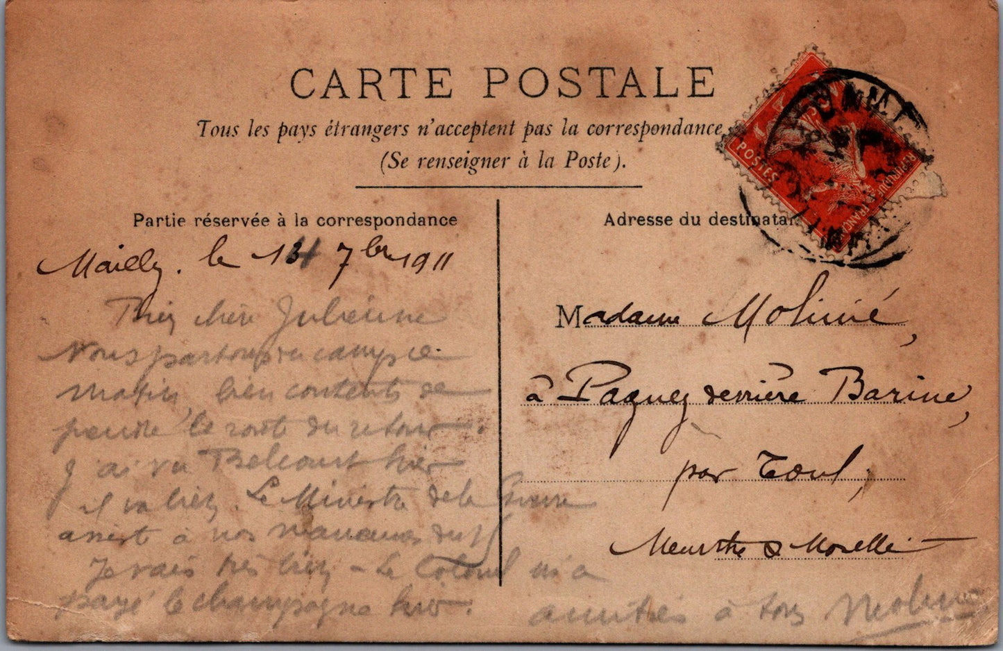 carte photo cantine Barbier camp de Mailly 1911