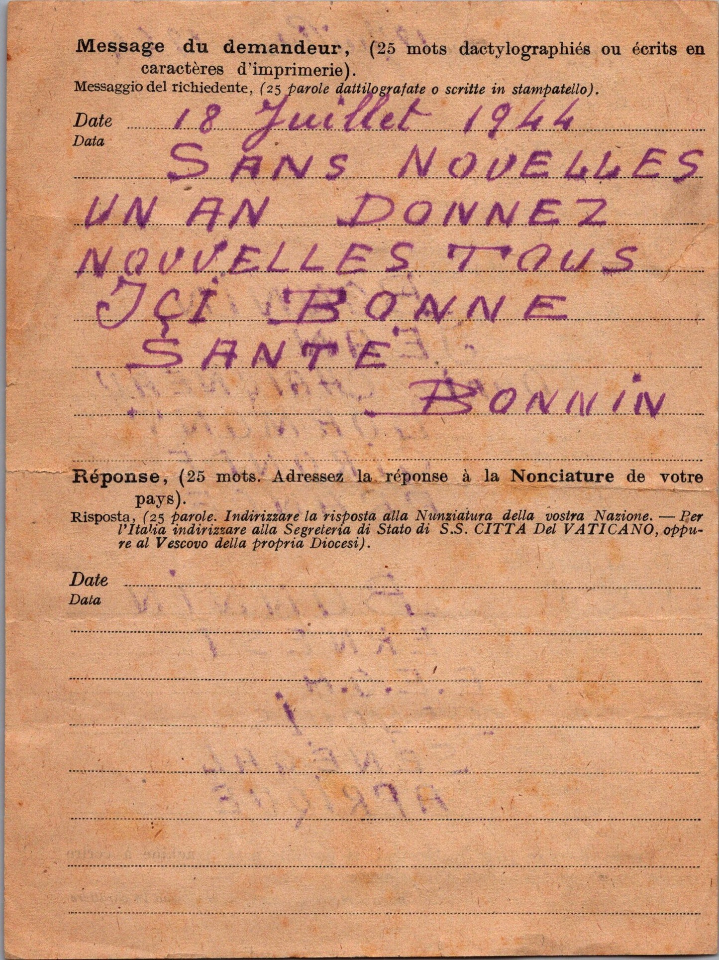 courrier formulaire pour donner des nouvelles entre les colonies et la France occupée via le Vatican 1944