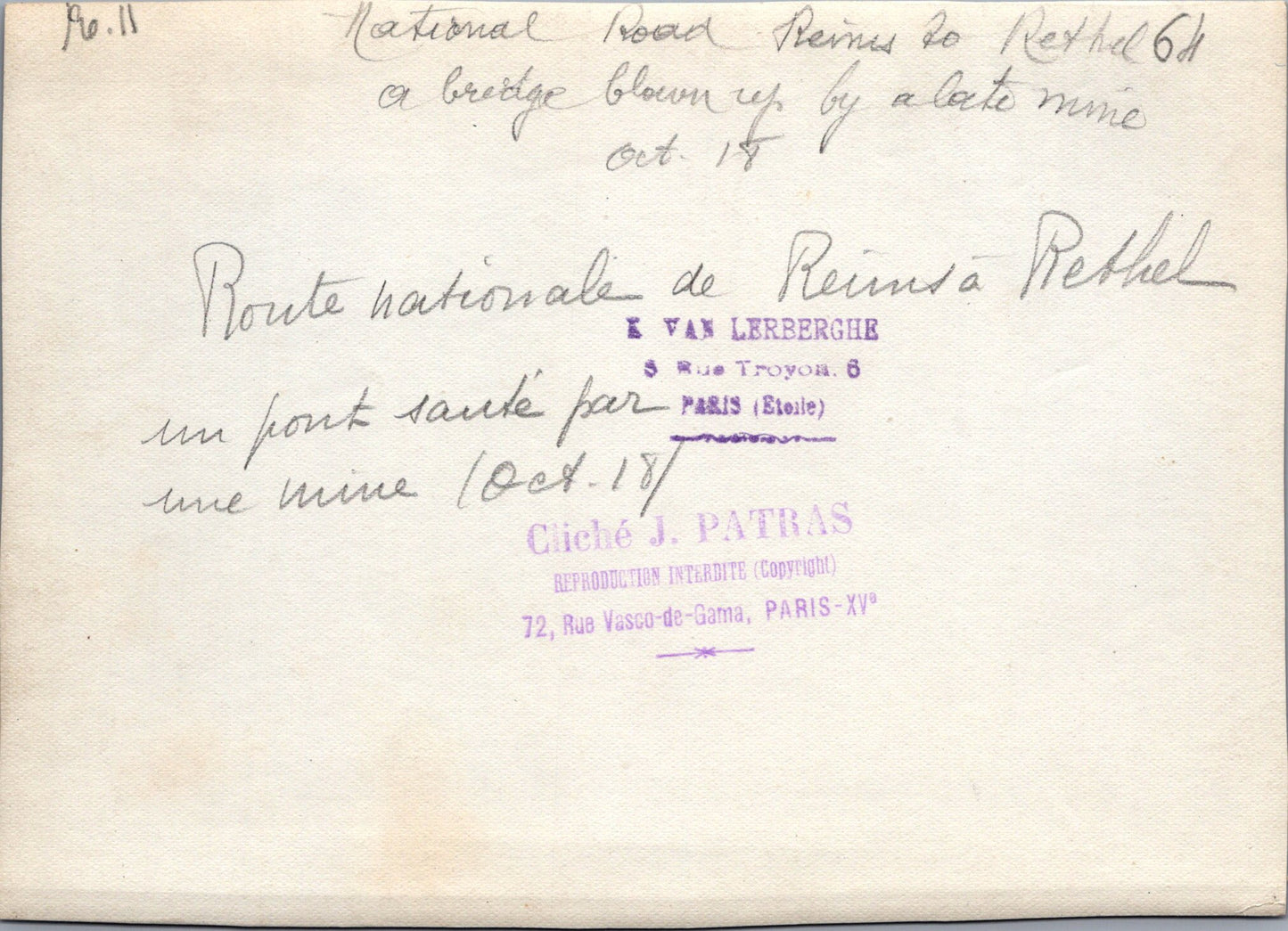 grande photo pont détruit par mine route de Reims à Rethel octobre 18 1914-18 17x12 cm