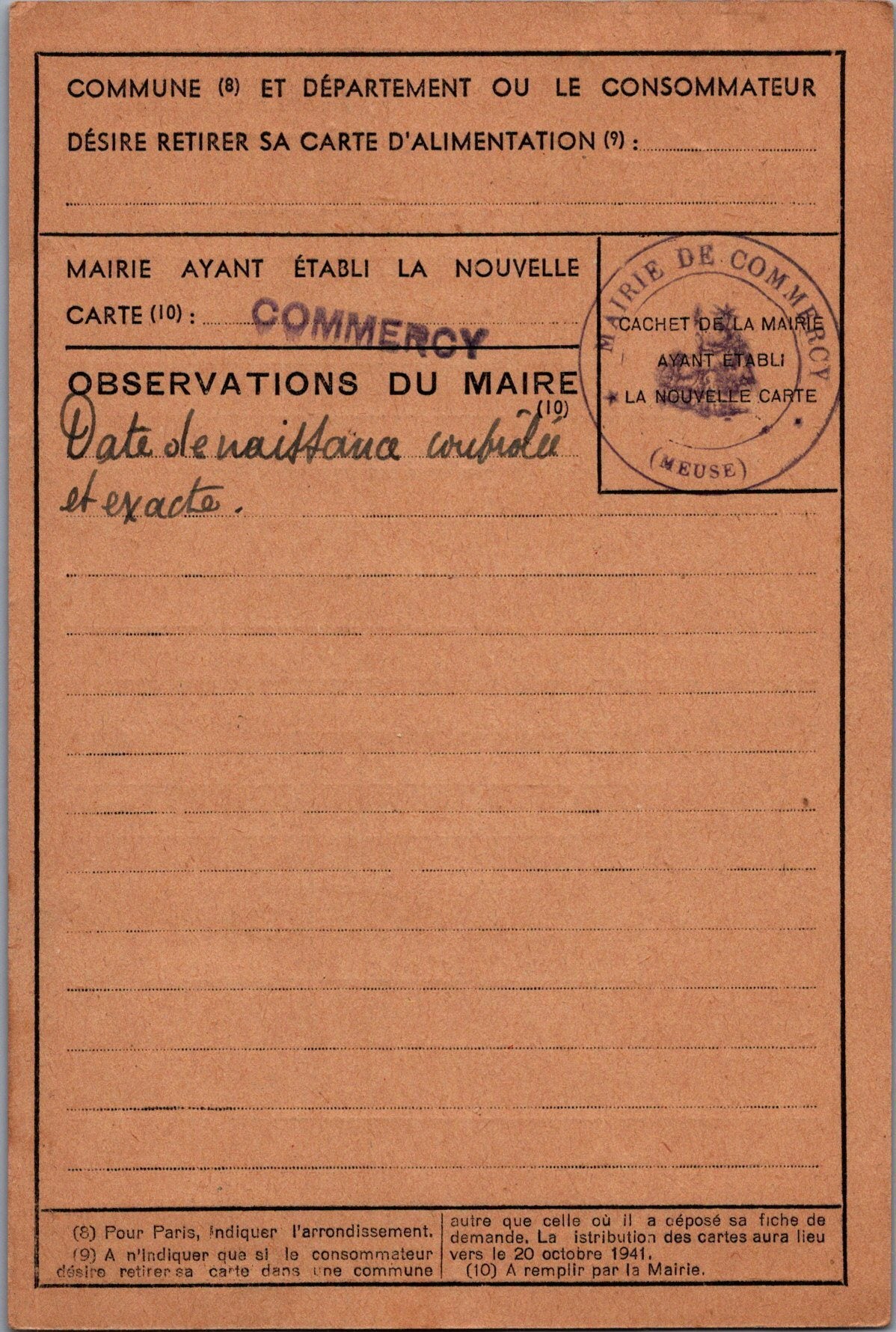 carte fiche de demande carte d'alimentation Commercy 1941
