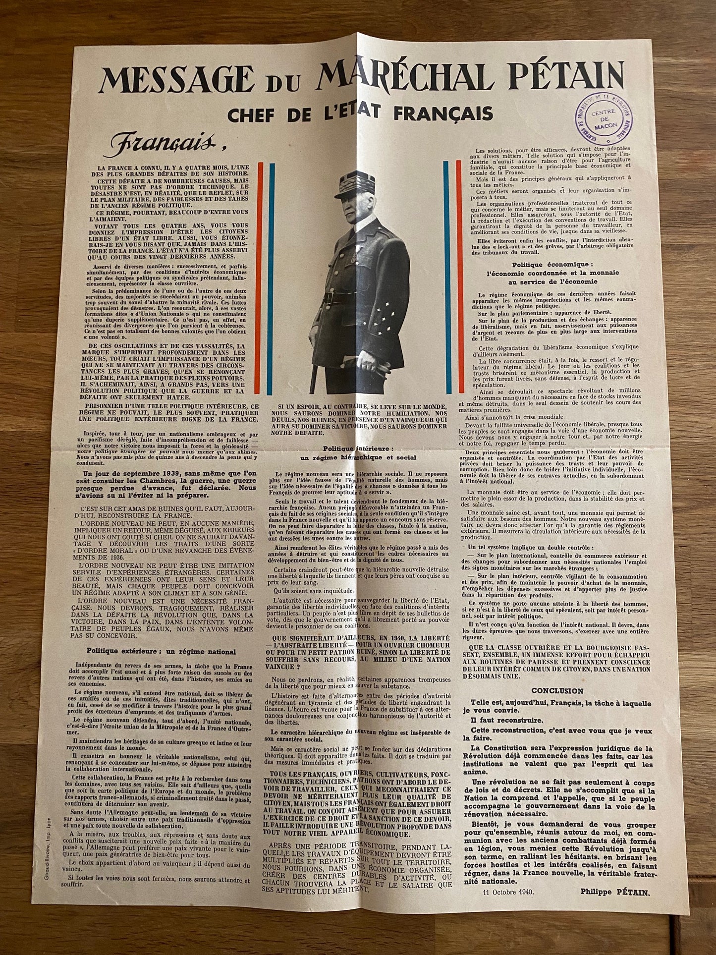 affiche message du Maréchal Pétain octobre 1940, 52 x38 cm