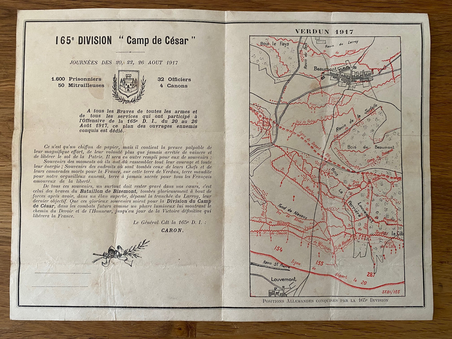 diplôme citation 165° division d'infanterie Verdun 1917