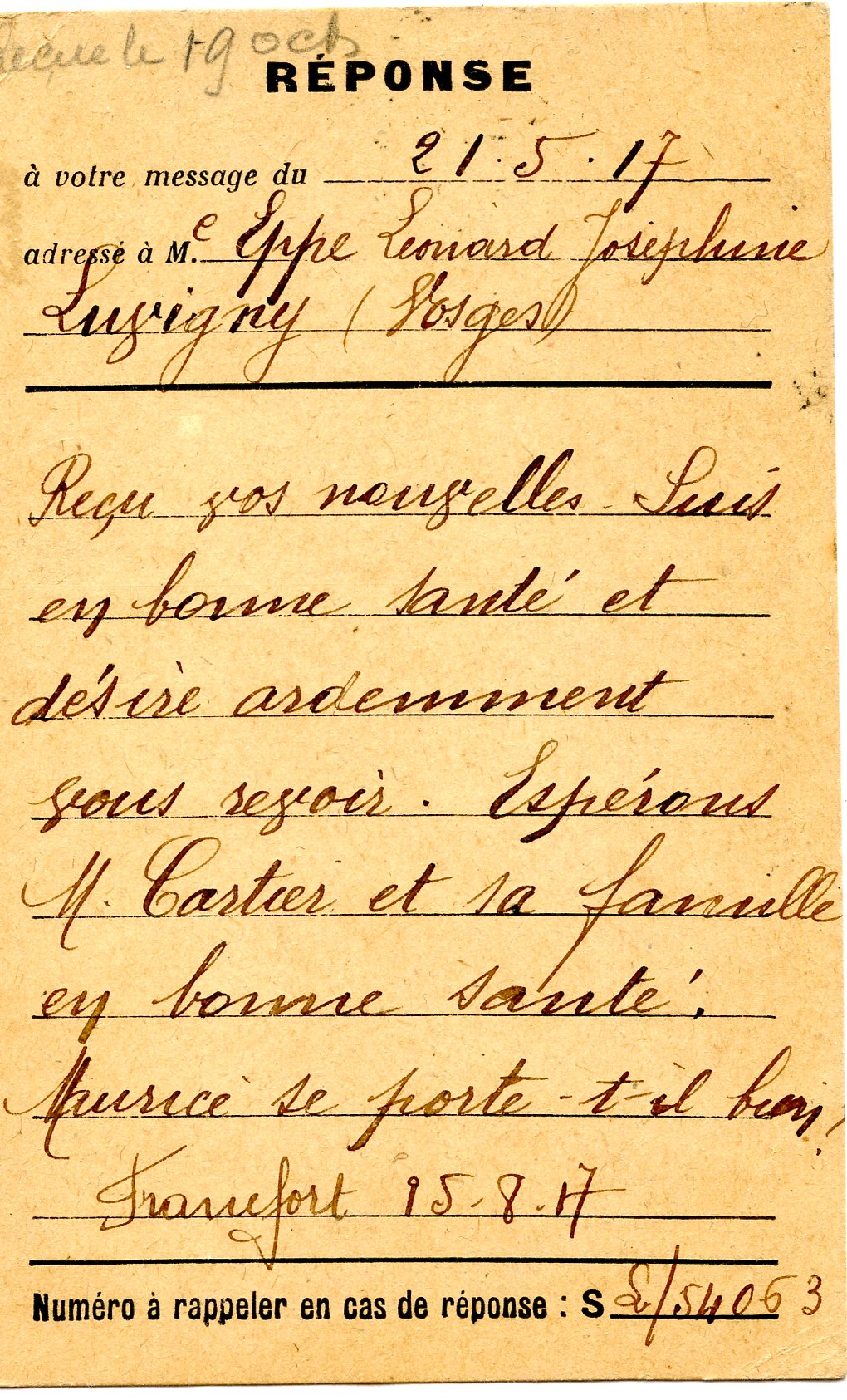 carte de correspondance avec les départements envahis Celles sur plaine 1914-18