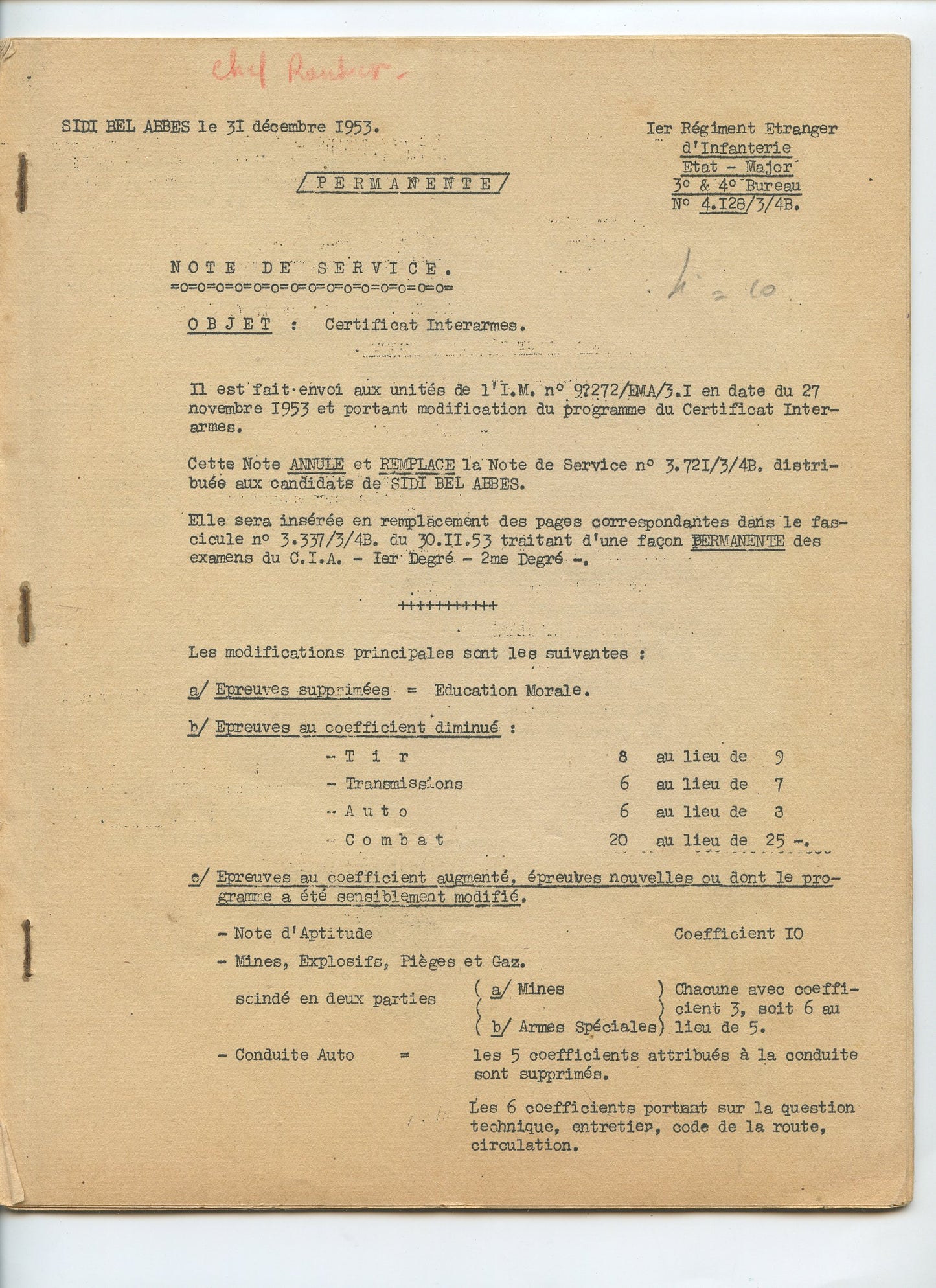 note de service sur le certificat interarmes 1953, Legion Etrangère, 23 pages
