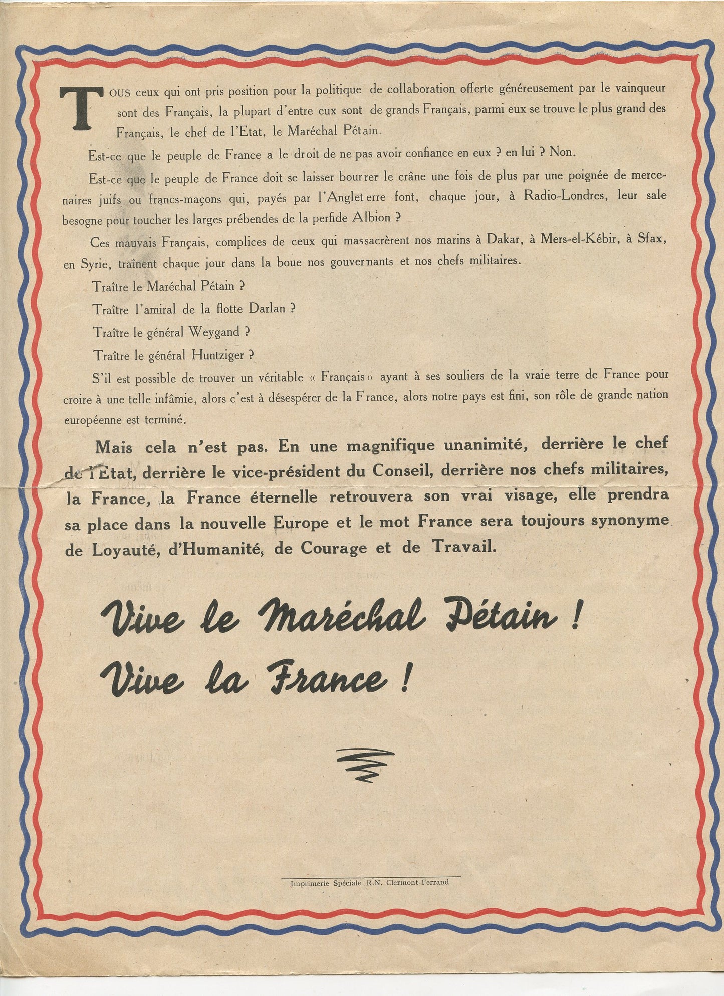 grand tract Etat Français 4 pages, Petain, paroles d'espoir, collaboration 1939-45