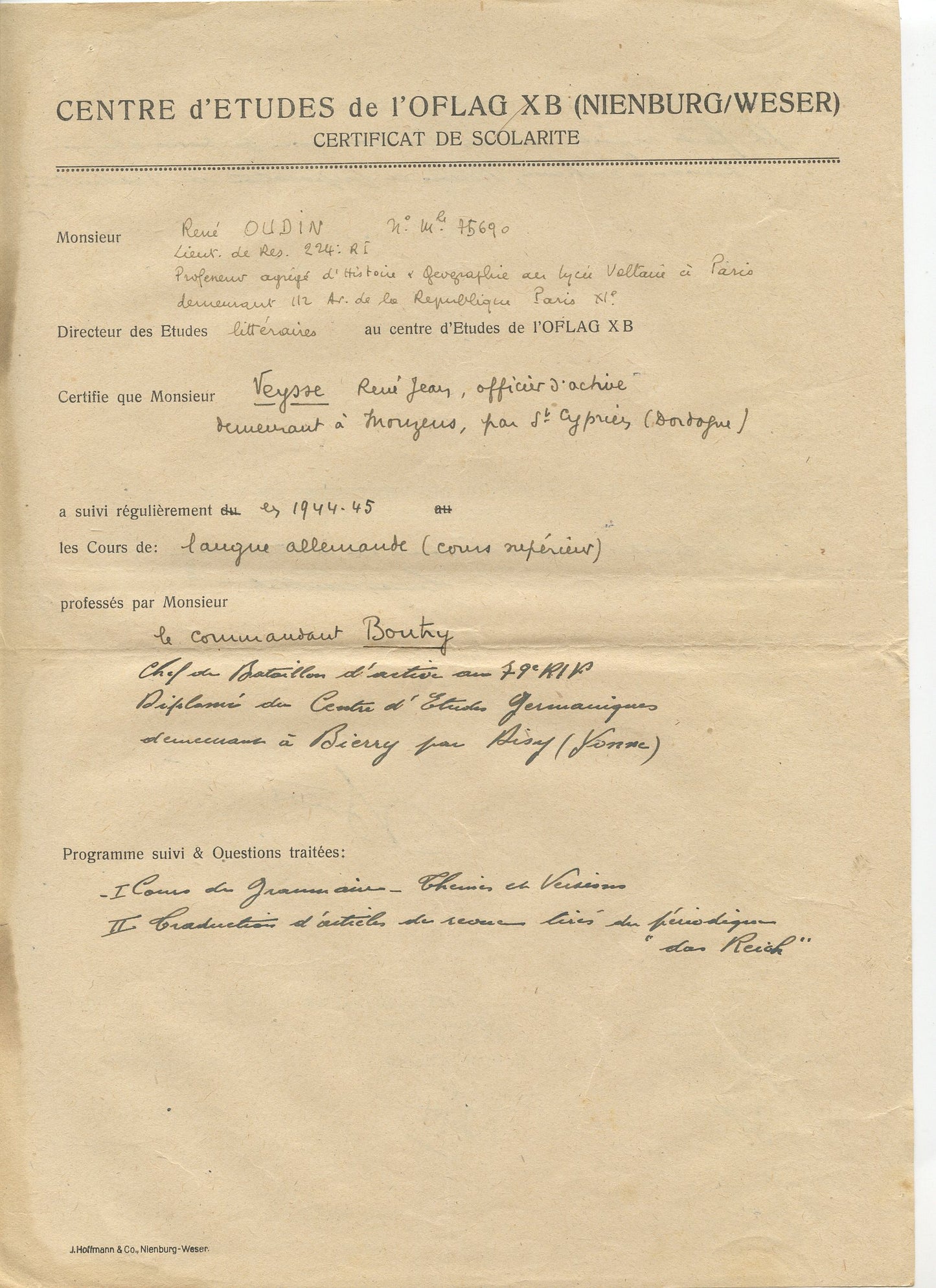 documents d'examens de langue allemande pour un officier prisonnier dans un OFLAG 1944