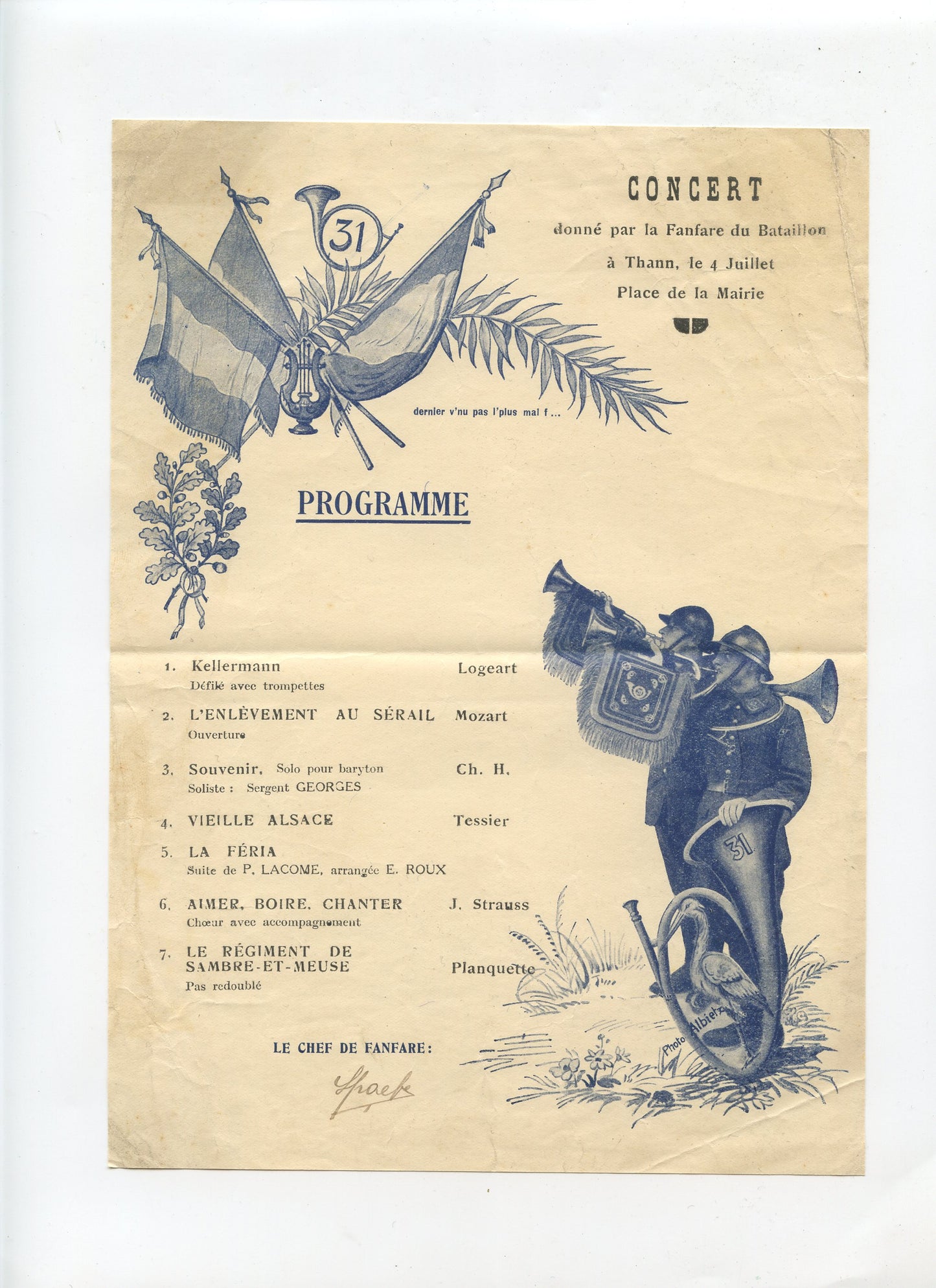 programme d'un concert à Thann 31° bataillon de chasseurs années 20-30