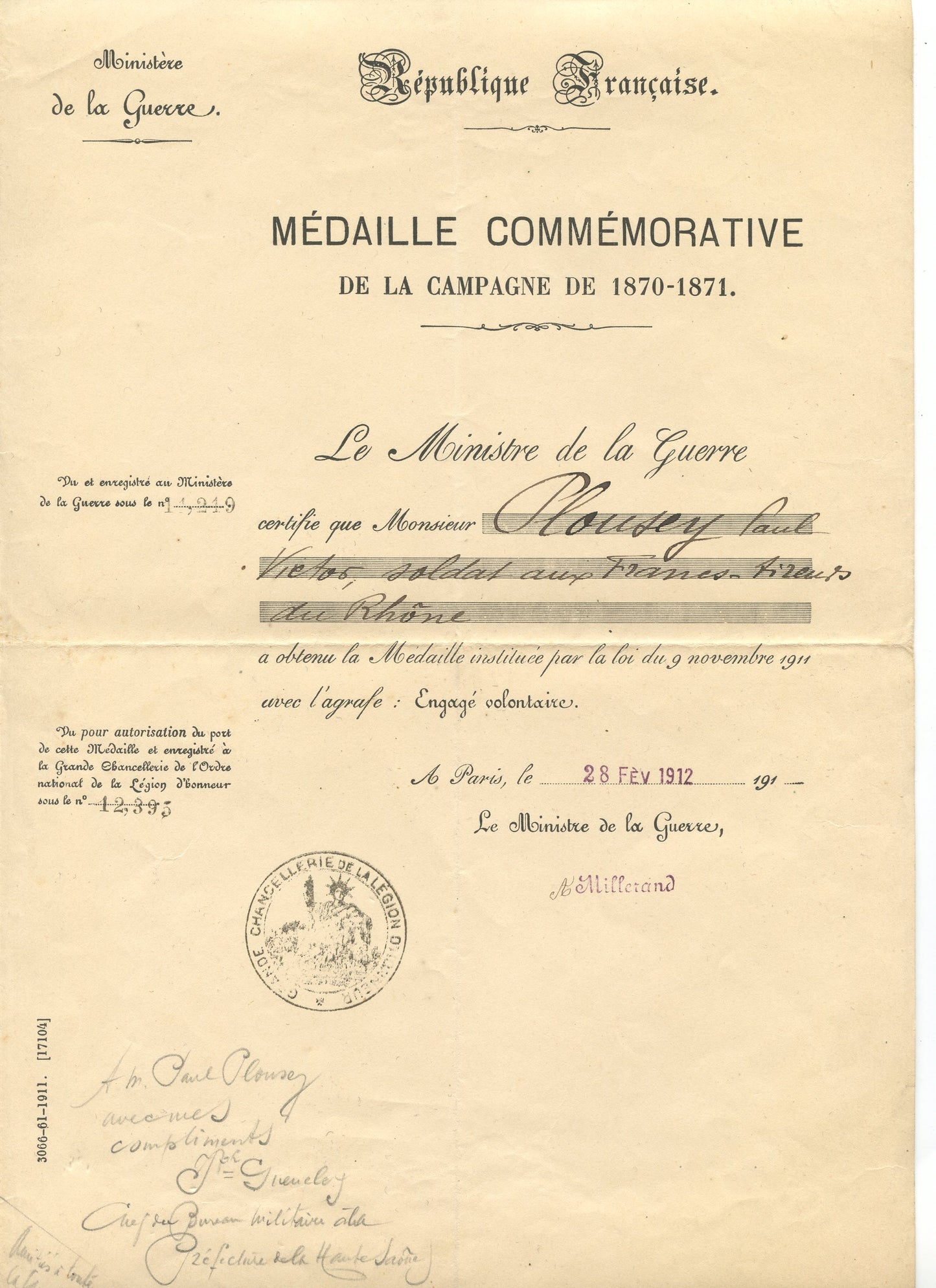 diplôme de la médaille de 1870-71 pour un franc tireur du Rhône, agrafe Engagé Volontaire
