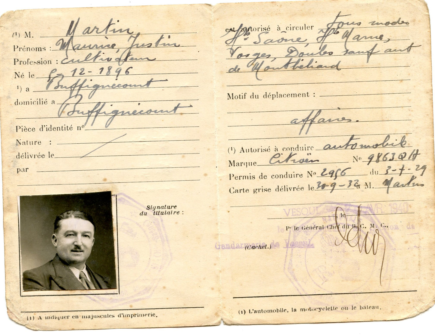 carte de circulation temporaire 1939-40 délivrée par l'armée à Vesoul
