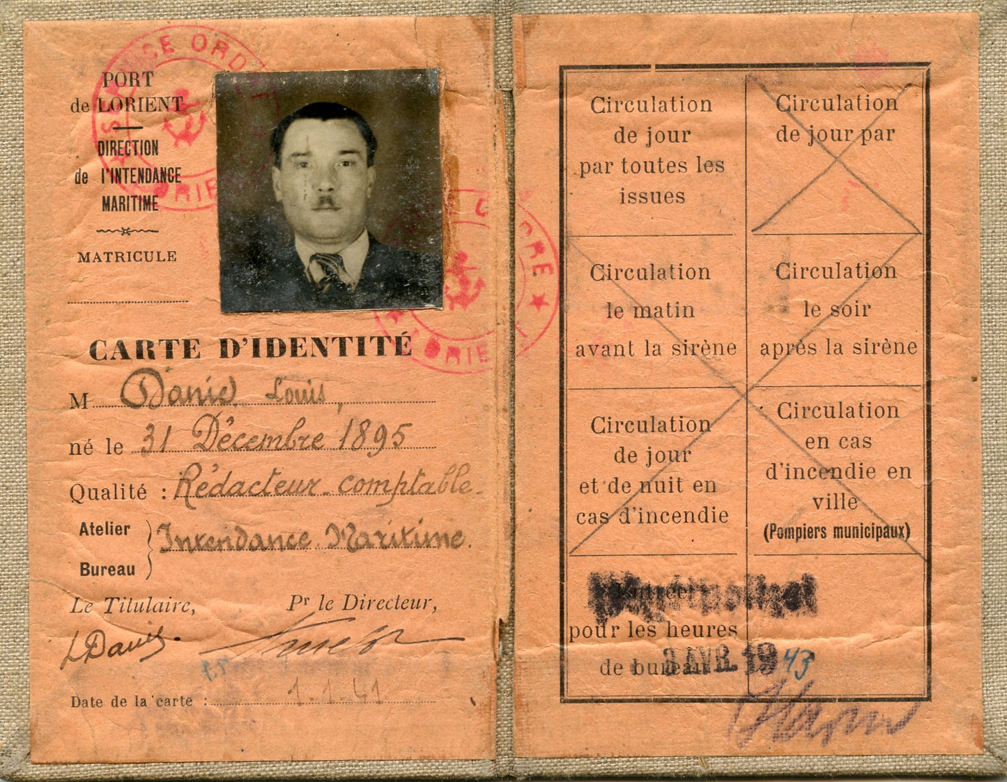 carte d'employé du port de Lorient, intendance maritime, 1943, tampons français et allemand