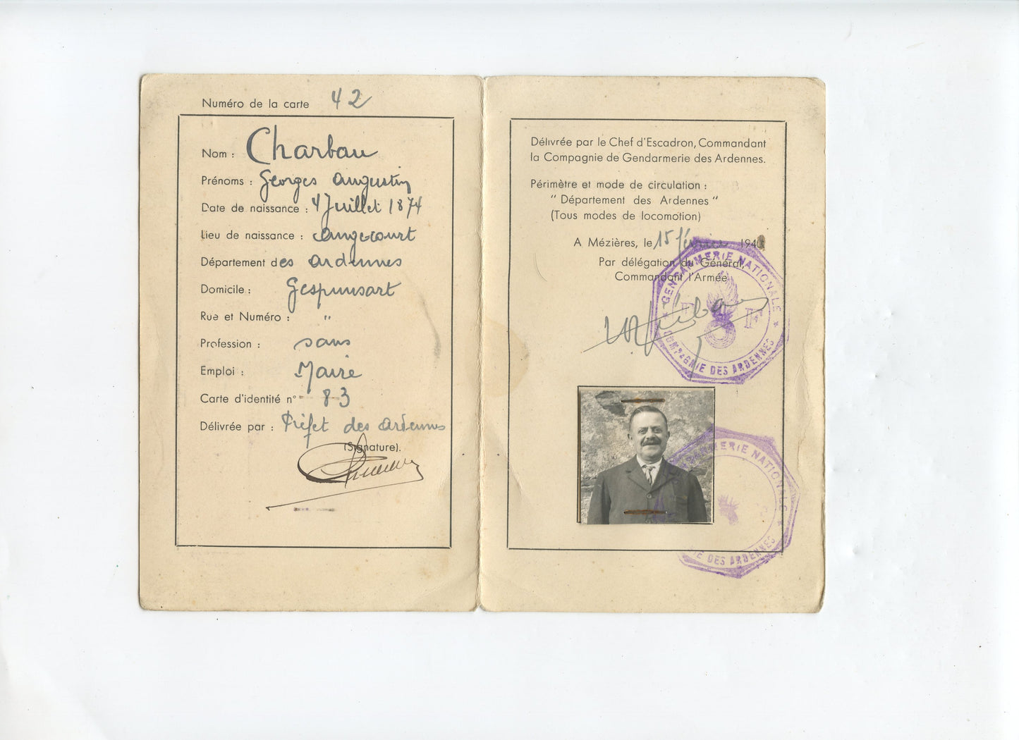 carte de circulation permanente 1939-40 maire de Gespunsart Ardennes