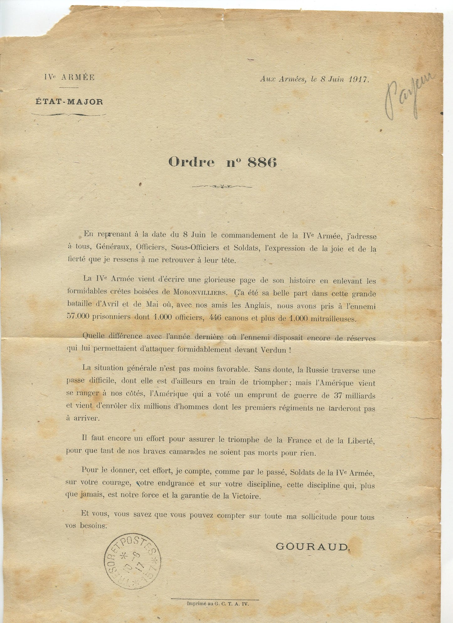 ordre du général Gouraud juin 1917, bataille de Moronvilliers Champagne 1914-1918