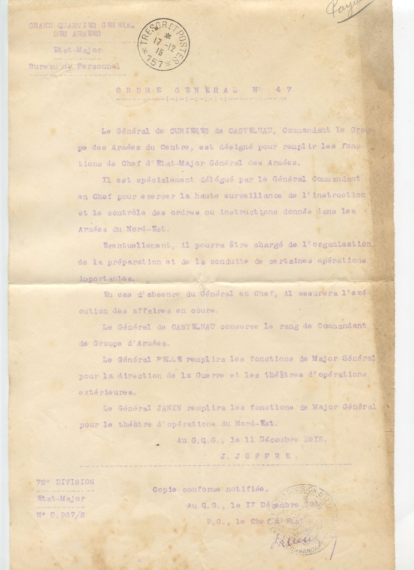 ordre général nomination du général de Castelnau décembre 1915, 72°DI 1914-1918
