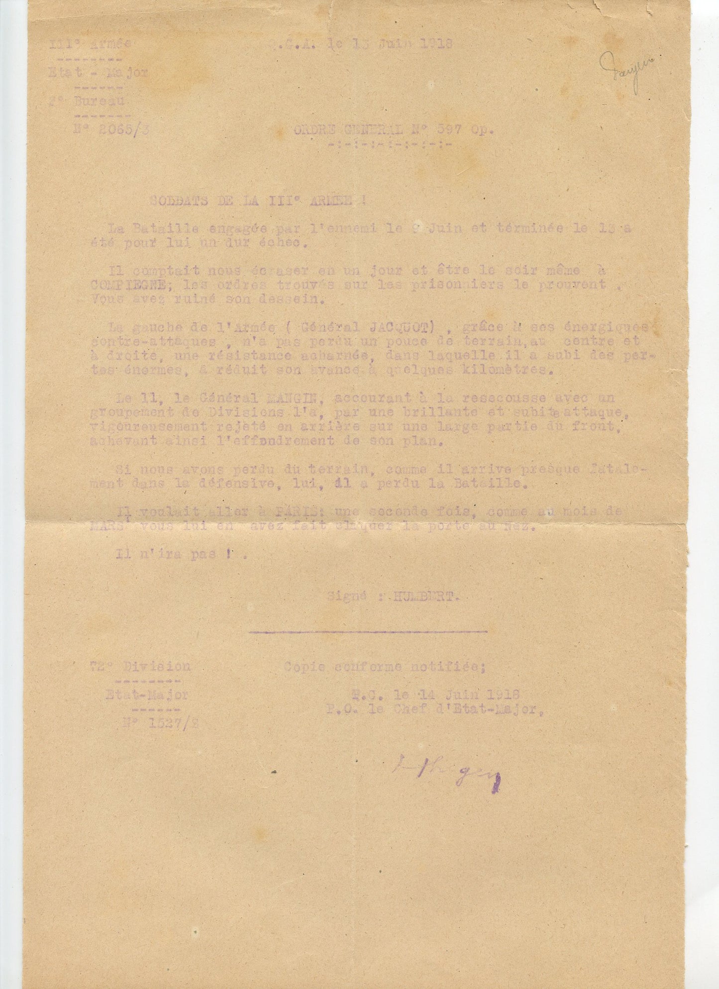 ordre général juin 1918, III armée, combats autour de Compiègne 72°DI 1914-18