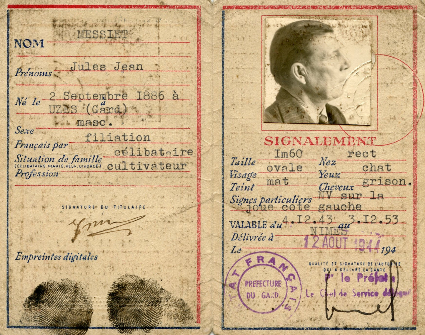 carte d'identité Etat Français Nîmes 1943