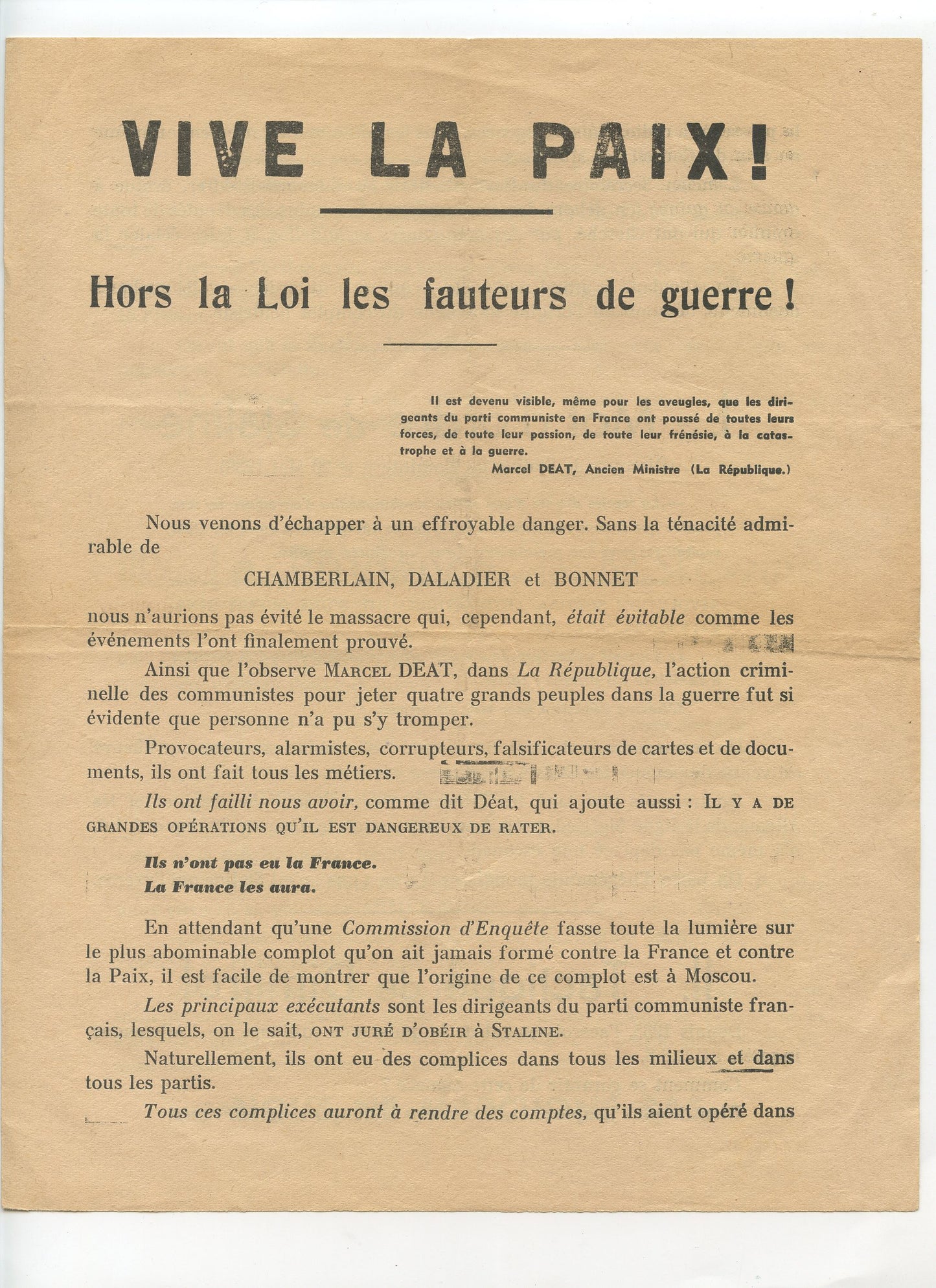 tract vive la paix anti communiste, extrême-droite Deat 4 pages