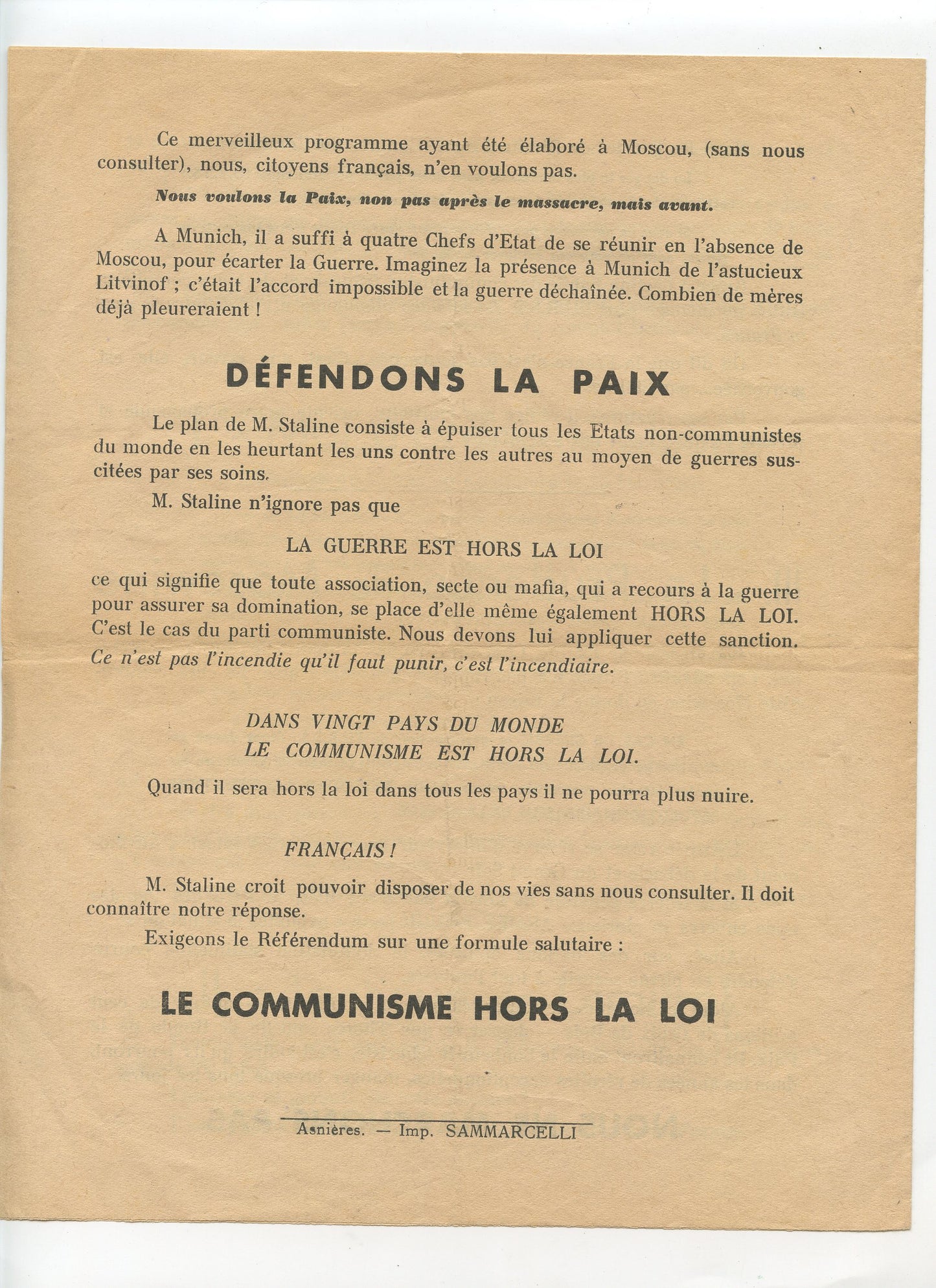 tract vive la paix anti communiste, extrême-droite Deat 4 pages