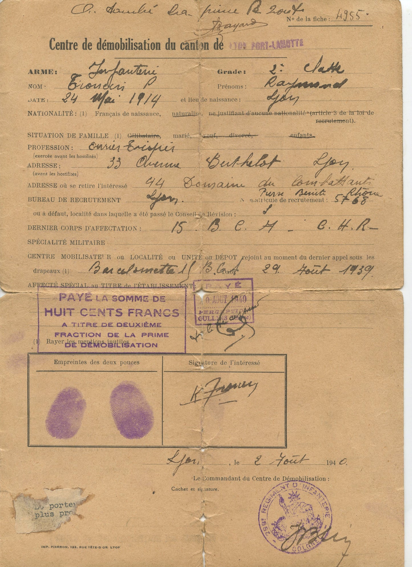 certificat de démobilisation 15° bataillon de chasseurs alpins 1940