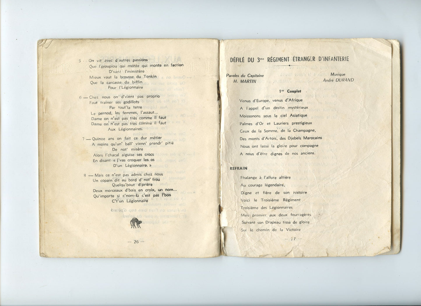 carnet de chants de la Légion Etrangère, 3°REI, Indochine Algérie, années 50, imprimé à El Milia