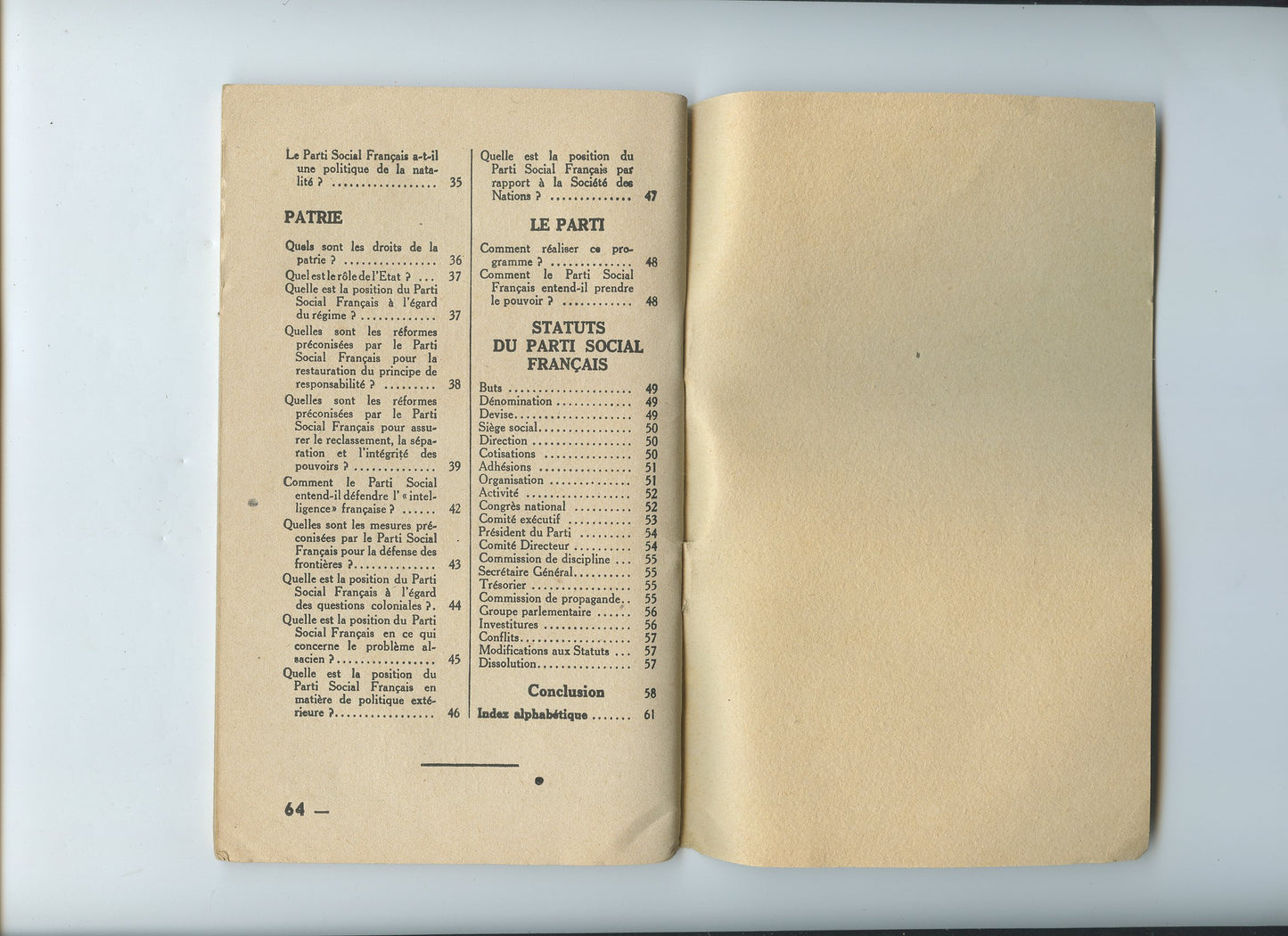 gros fascicule du PSF, croix de feu, colonel de la Roque, 64 pages