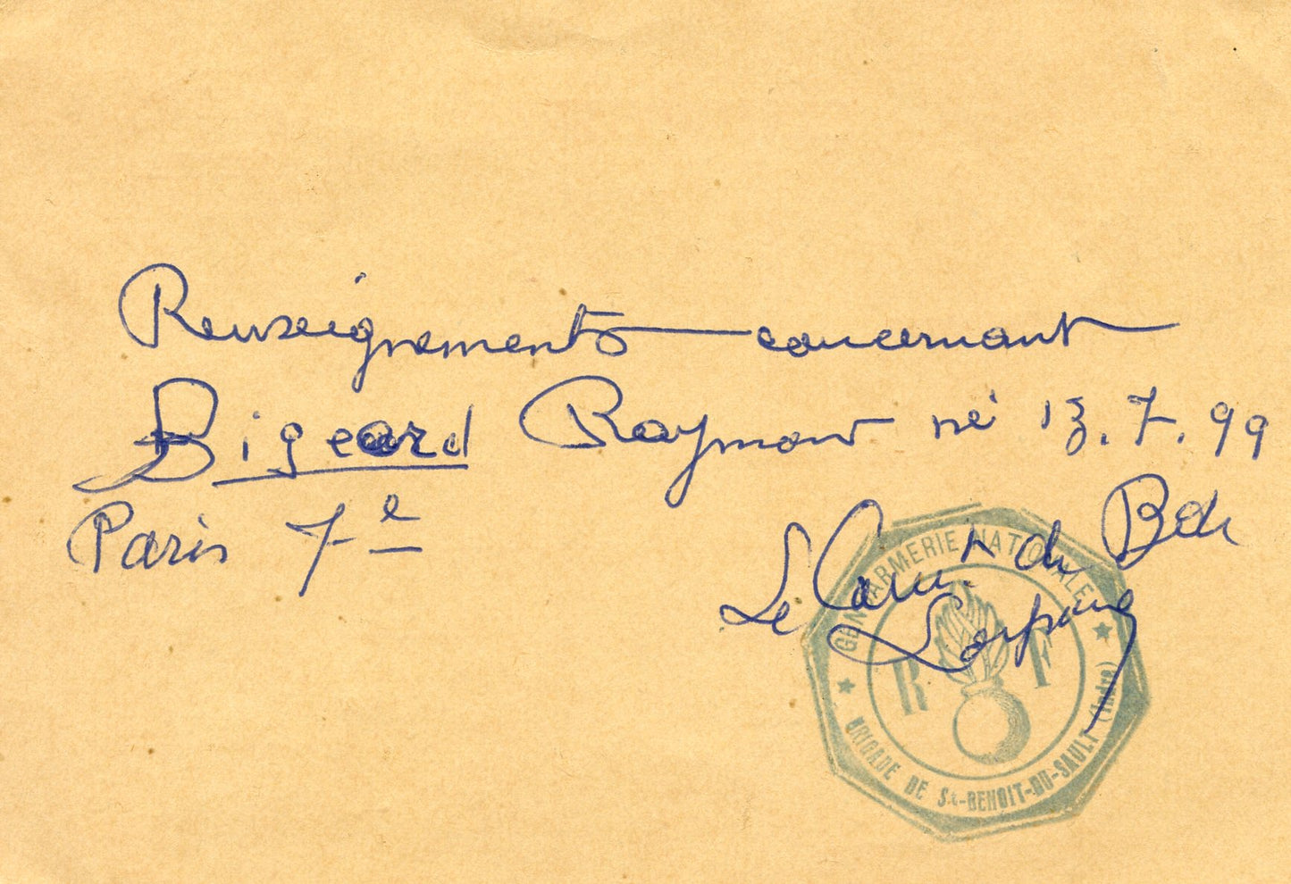 carte courrier officiel gendarmerie occupation zone libre demande de renseignements