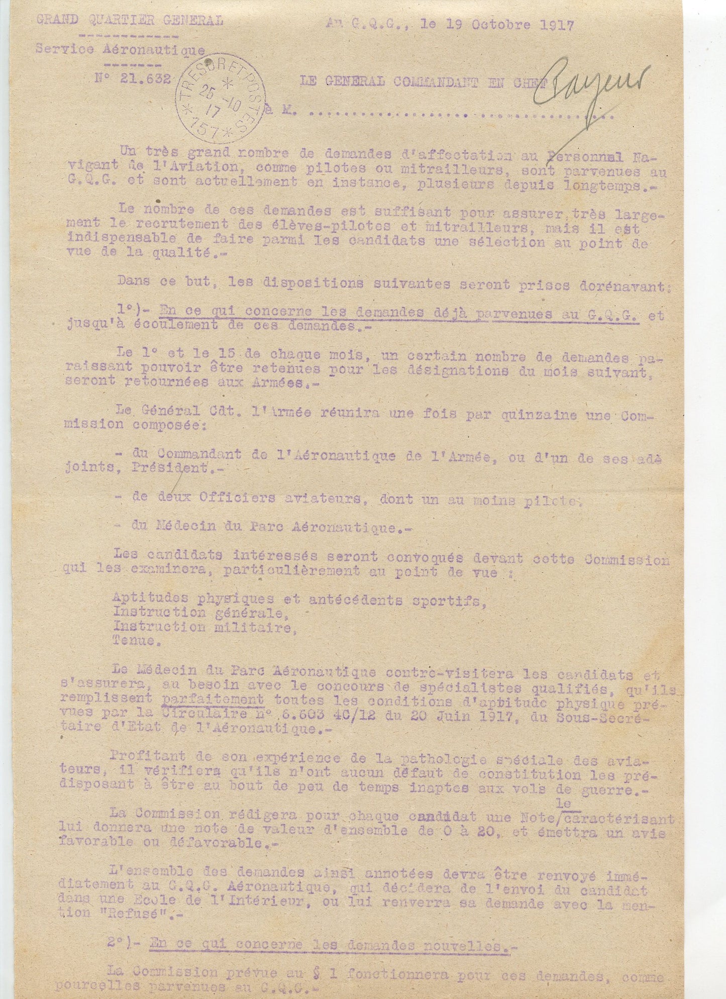 note du général commandant en chef affectation des personnels dans l'aviation 1917, 72°DI 1918-1918