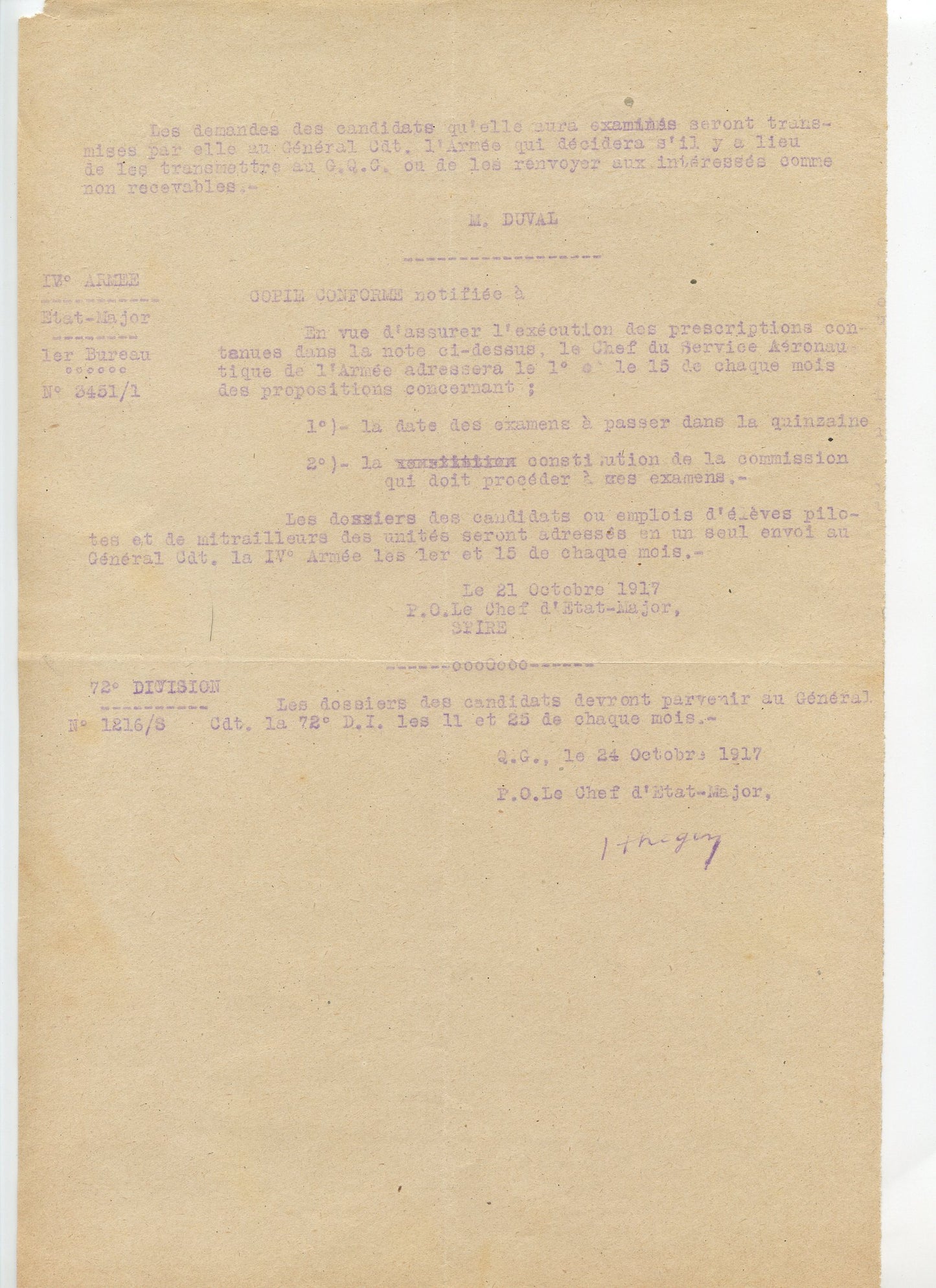 note du général commandant en chef affectation des personnels dans l'aviation 1917, 72°DI 1918-1918