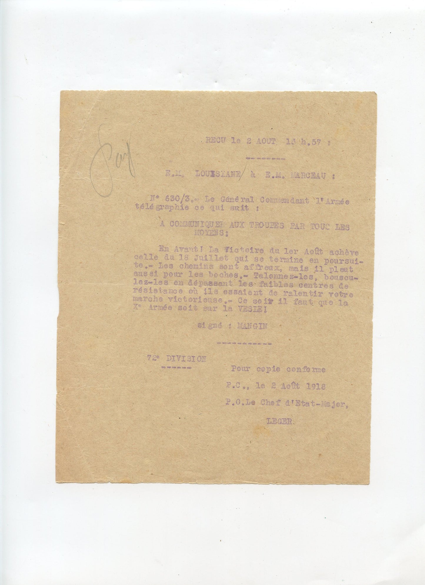 communiqué du général Mangin victoire aout 1918, 72°DI 1914-1918
