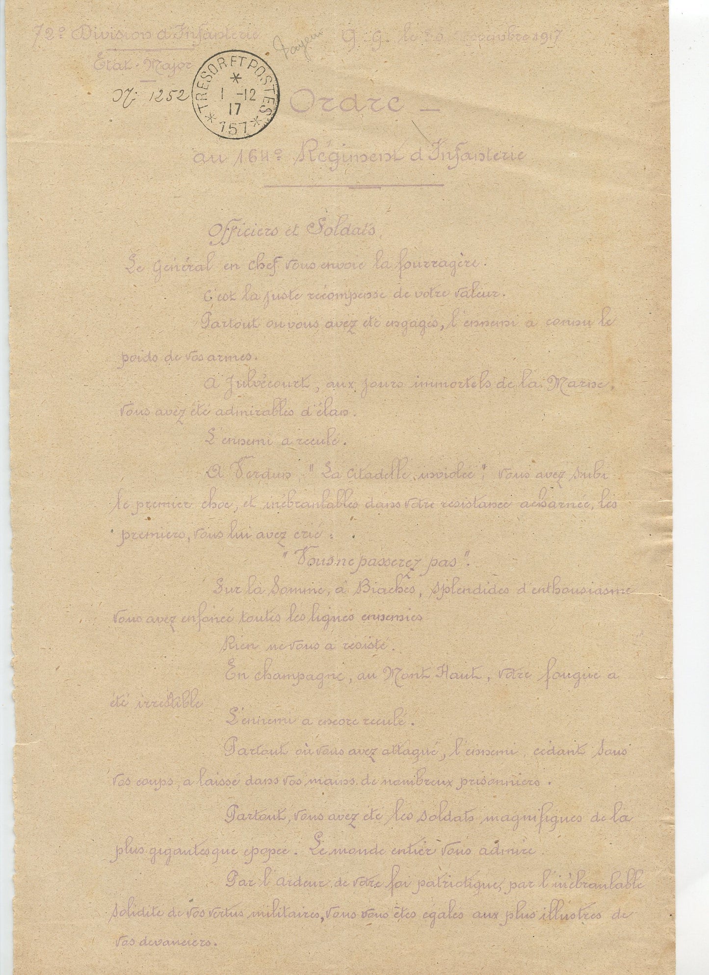 ordre du jour fait par la 72°DI pour le 164°RI combats de Verdun Aisne..1914-1918