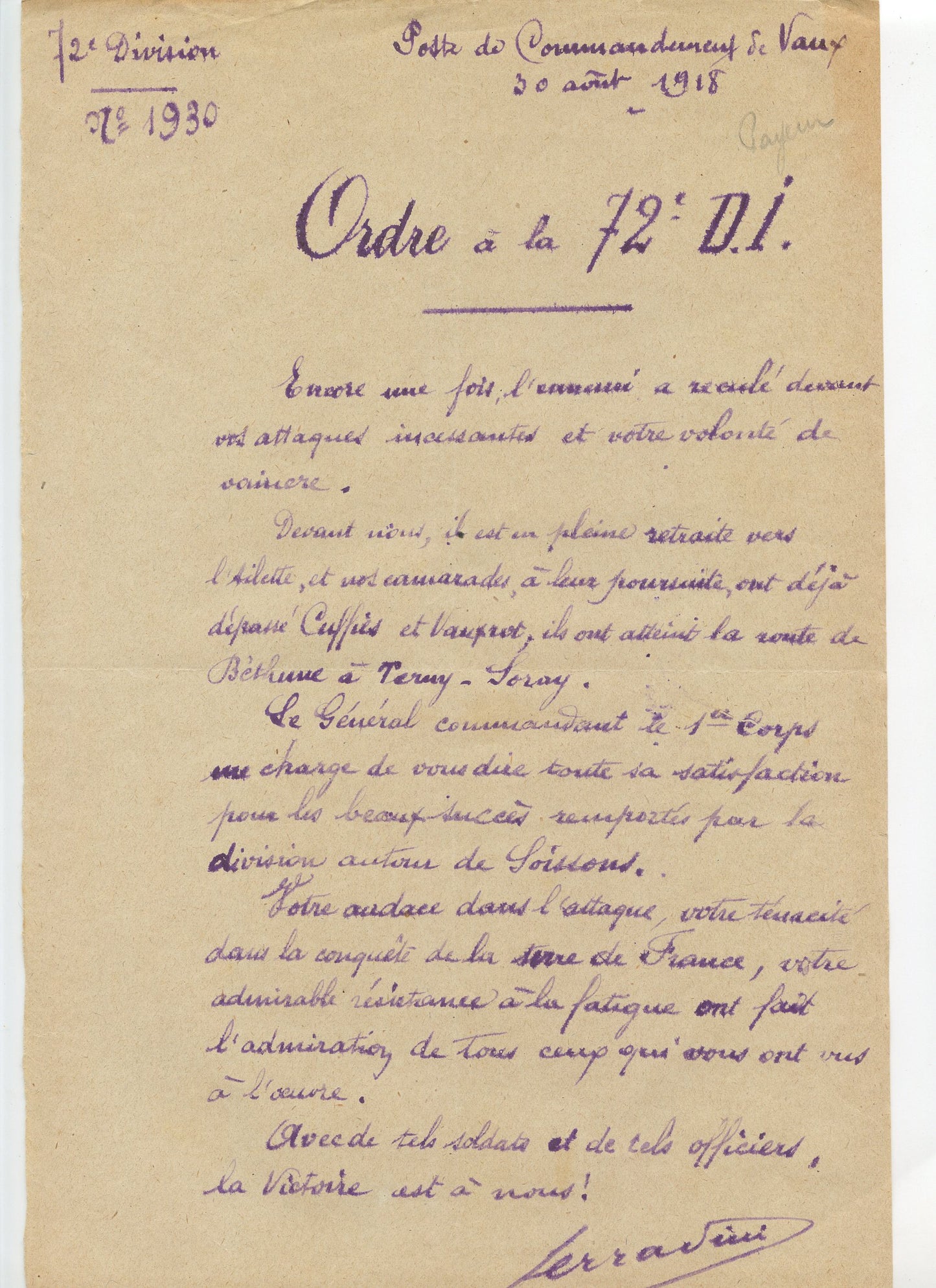 ordre de la 72°DI recul de l'ennemi Aisne aout 1918 1914-1918