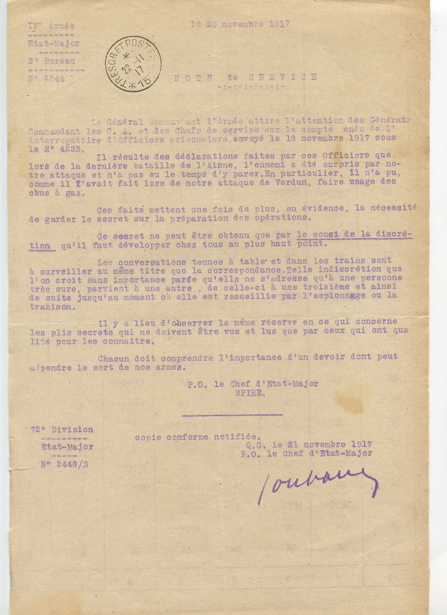 note de service sur le secret dans les conversations novembre 1917, 72°DI 1914-1918