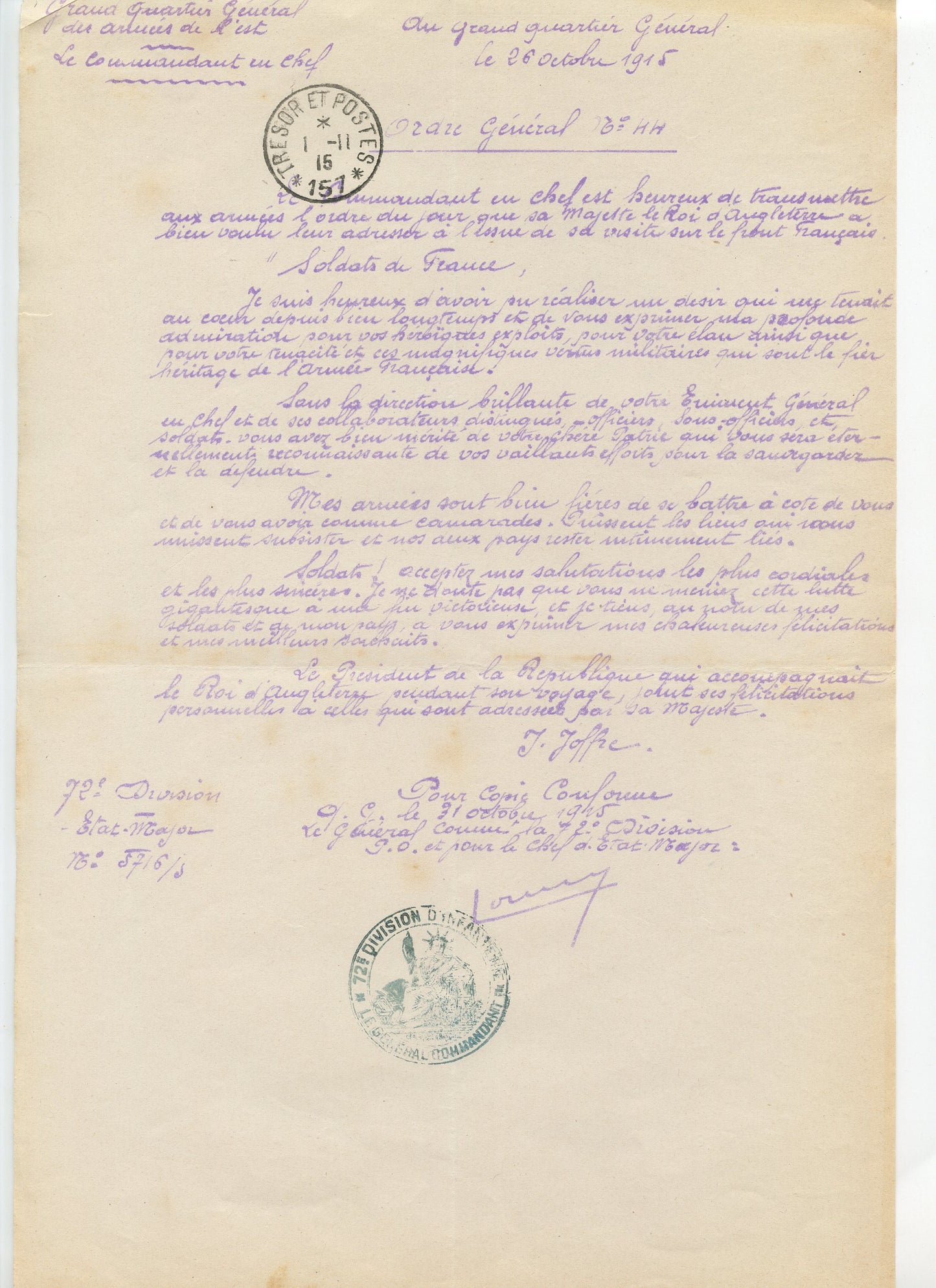 ordre général du général Joffre octobre 1915, fait par la 72° division Verdun 1914-1918