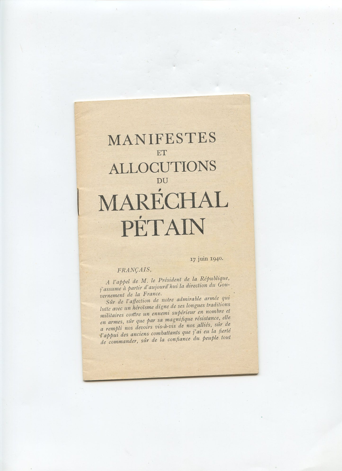fascicule manifestes et allocutions du Maréchal Pétain, 1940 Vichy, Etat Français